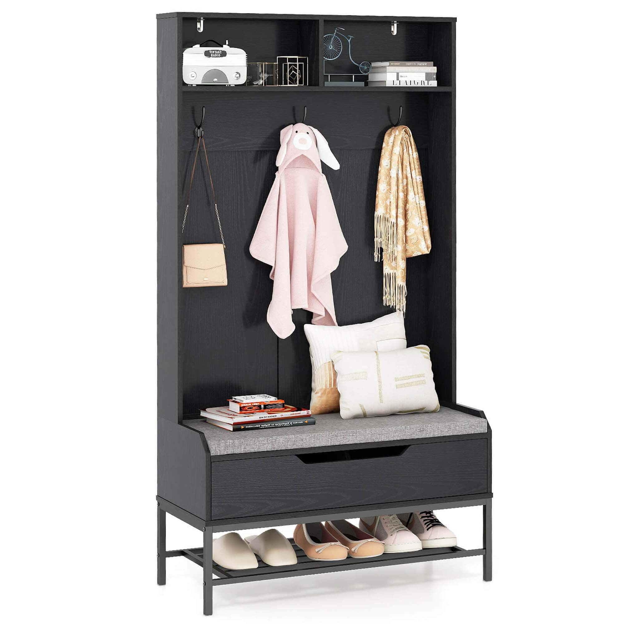 Costway - 69" Tall Hall Tree with Seat Cushion Open Compartments Hooks Lift-top Storage - Black