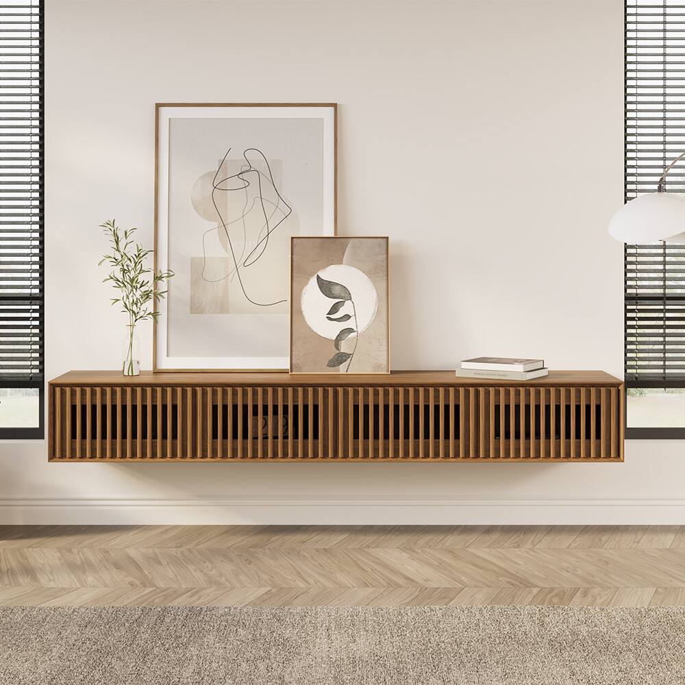 Angle. POVISON - 79"Modern Floating TV Stand, Storage Four Cabinets, Walnut Color TV Console,Media Console - Walnut Color.