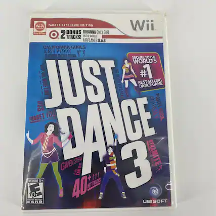 Wi-Fi Target Exclusive Edition Wii. Pay & Play Bonus Rihanna Only Girl (On the World) Airplanes B.o.B California Gurls Katy Perry Featuring Snoop Dogg. Sequel to the World's Best-Selling Just Dance Game. Eye'd Time Peas Kiss Anthem Party Forget You Green T Rock Cee-Lo Dance Gwen Stefani Take Off. Everyone 10+ Tracks. 40 Hit Tracks. 10+ Content Rated ESRB Ubisoft. - E (Everyone)