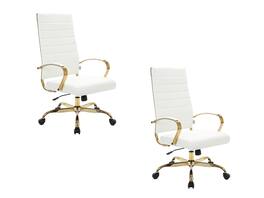 LeisureMod - Set of 2 Benmar High-Back Leather Conference Desk Office Chair with Gold Frame, Adjustable, Swivel and Tilt - White
