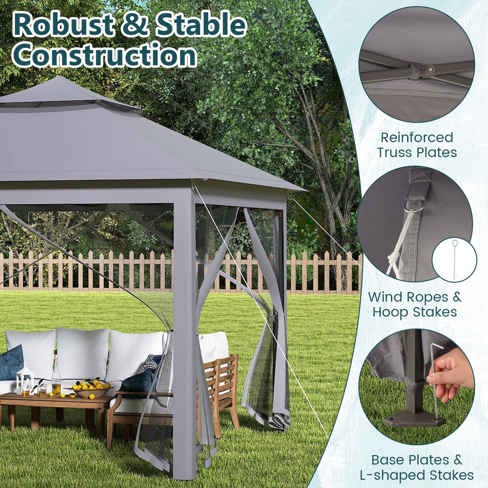 Robust & Stable Construction  
Reinforced Truss Plates  
Wind Ropes & Hoop Stakes  
Base Plates & L-shaped Stakes