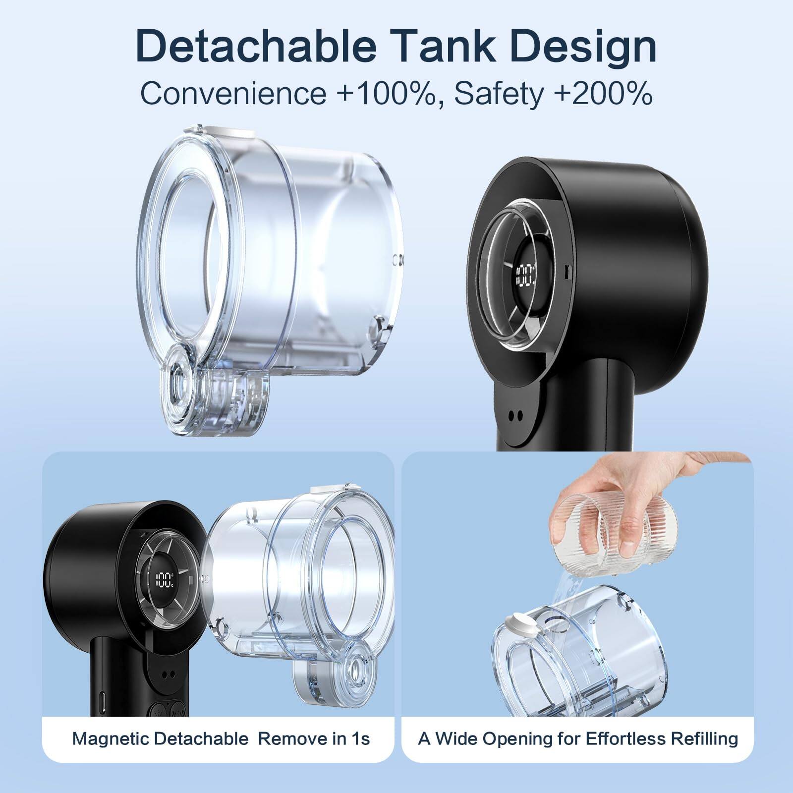 Detachable Tank Design  
Convenience +100%, Safety +200%  

Magnetic Detachable Remove in 1s  
A Wide Opening for Effortless Refilling