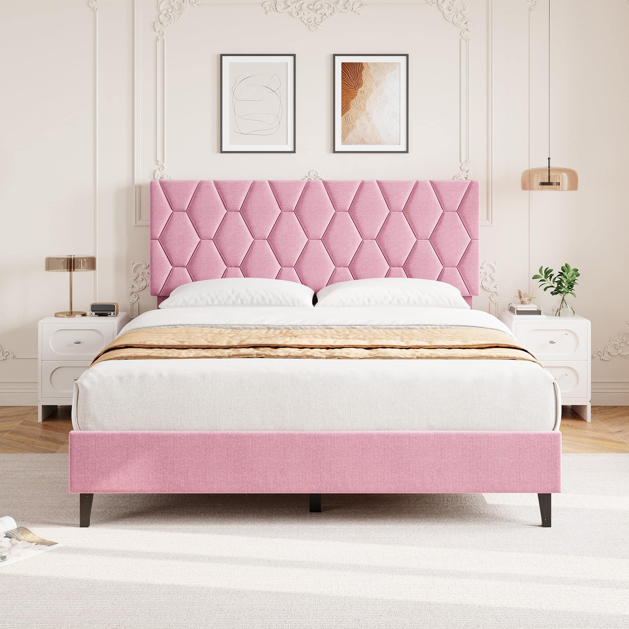 Jojoka - Full Size Bed Frame with Adjustable Upholstered Headboard, Strong Wood Slats, No Box Spring Needed - Pink