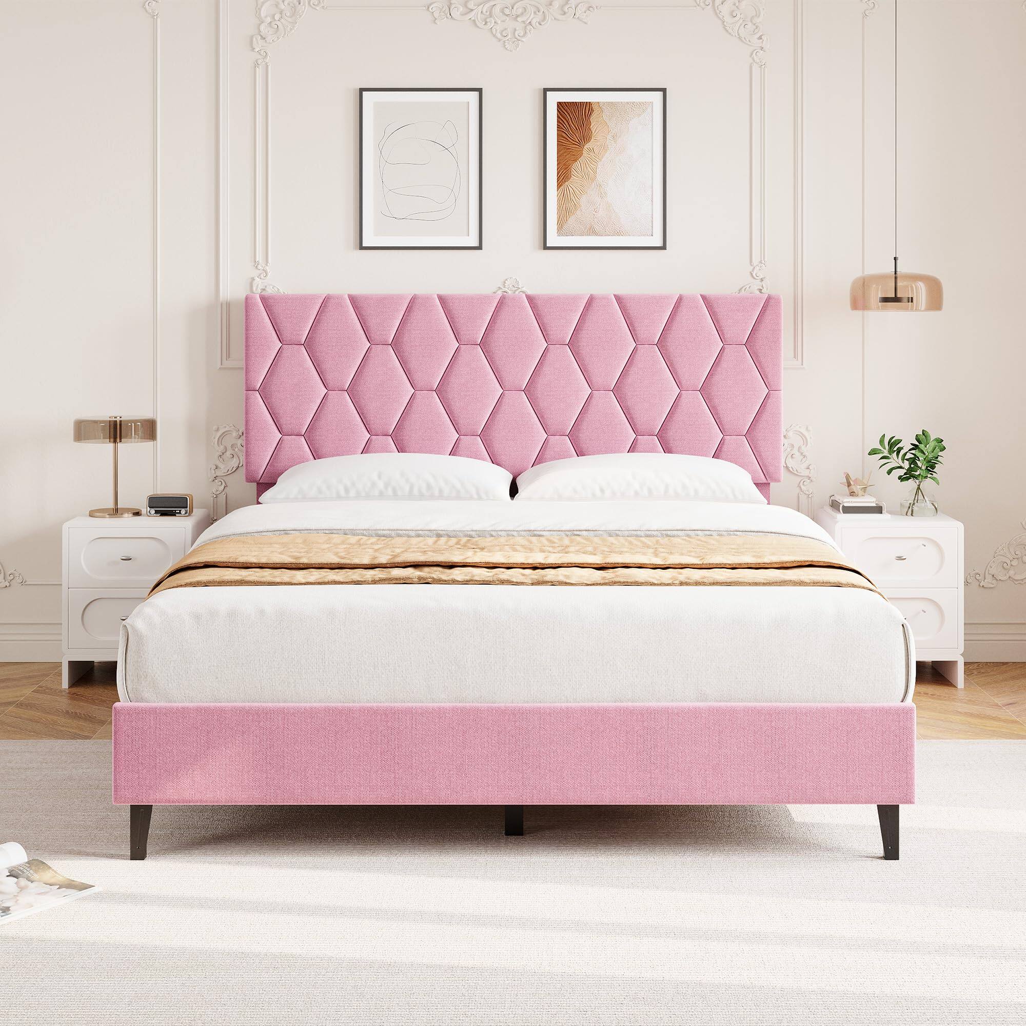 Jojoka - Full Size Bed Frame with Adjustable Upholstered Headboard, Strong Wood Slats, No Box Spring Needed - Pink