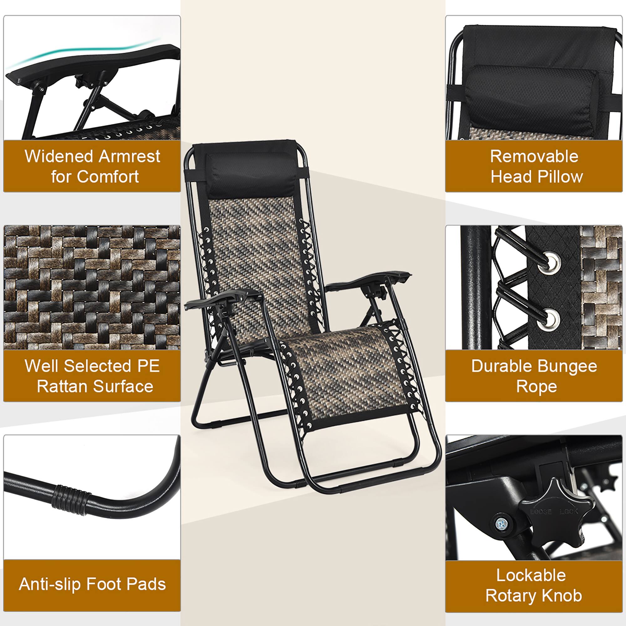 Widened Armrest for Comfort, Removable Head Pillow, Well Selected PE Rattan Surface, Durable Bungee Rope, Anti-slip Foot Pads, Lockable Rotary Knob