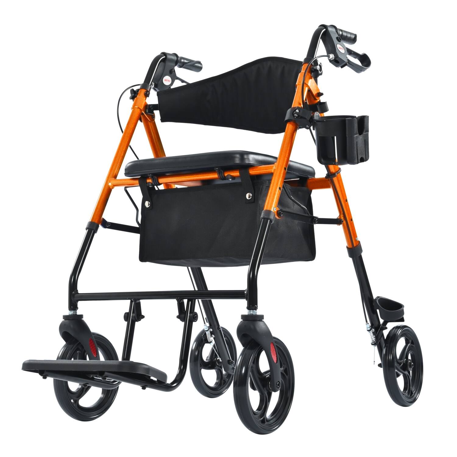 Left. Metro Mobility - M913P 2 in 1 Rollator Walker & Transport Wheelchair for Seniors, 8" Wheels with Seat for All Terrain, 300 lb Capacity - Orange.