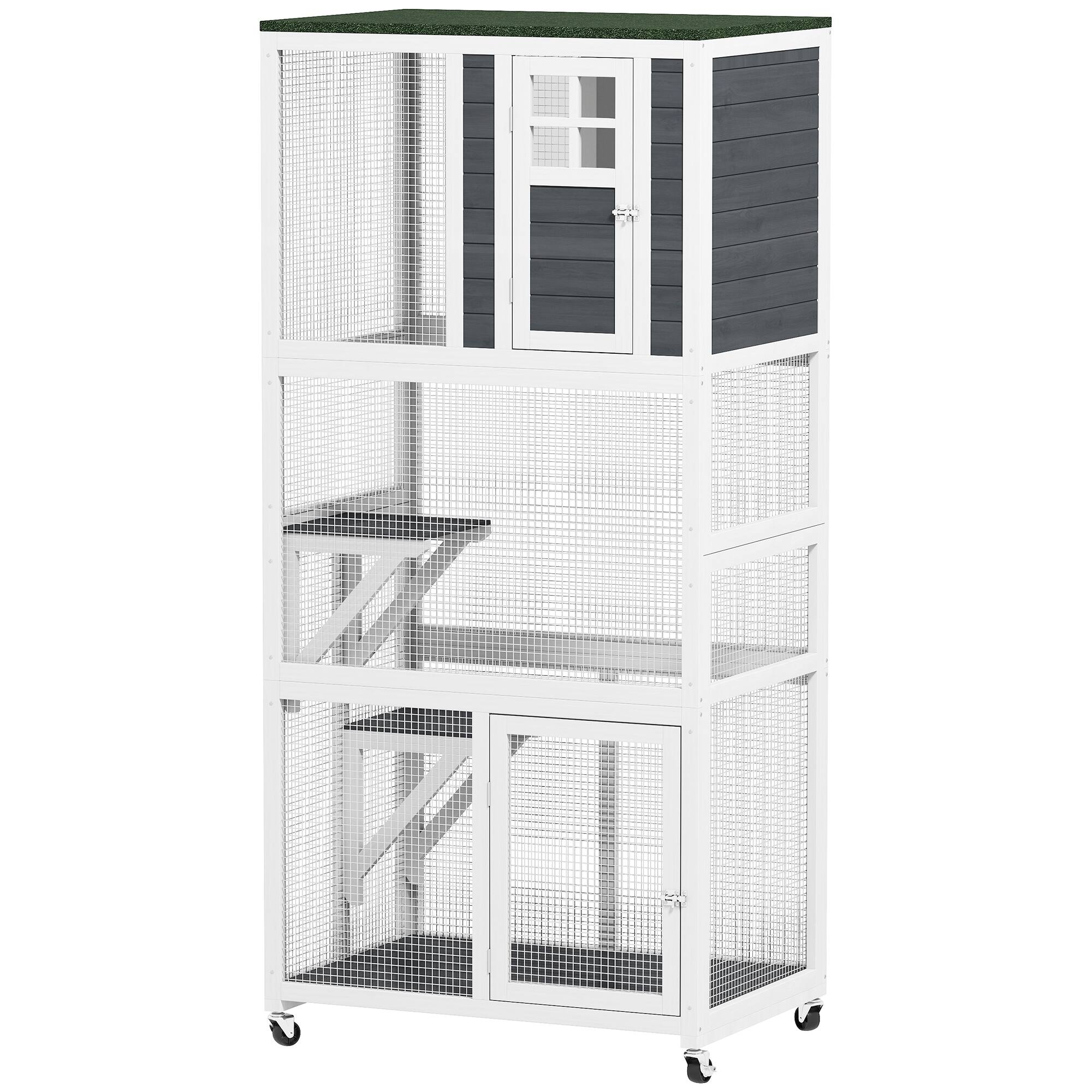 Front. Pawhut - Wooden Catio Outdoor Cat Enclosure Weatherproof & Wheeled, Outside Cat House with High Weight Capacity.