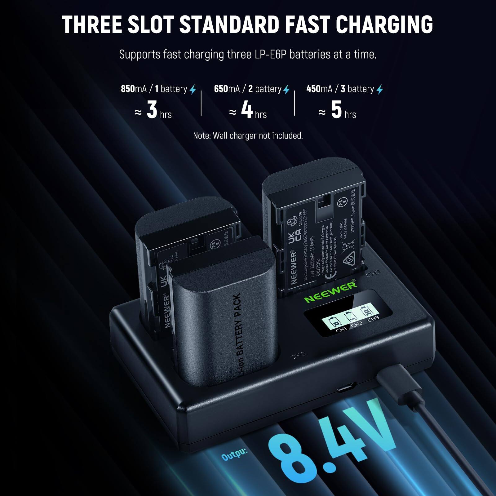 THREE SLOT STANDARD FAST CHARGING  
Supports fast charging three LP-E6P batteries at a time.  
850mA / 1 battery ≈ 3 hrs  
650mA / 2 battery ≈ 4 hrs  
450mA / 3 battery ≈ 5 hrs  
Note: Wall charger not included.  

NEEWER  
CH3 CH2 CH1  
Output: 8.4V