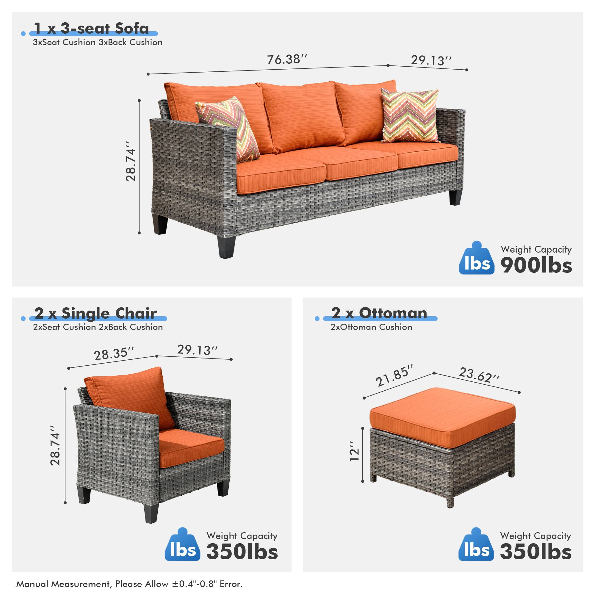 1 x 3-seat Sofa  
3xSeat Cushion 3xBack Cushion  
76.38" 29.13" 28.74"  
Weight Capacity lbs 900lbs  

2 x Single Chair  
2xSeat Cushion 2xBack Cushion  
28.35" 29.13" 28.74"  
Weight Capacity lbs 350lbs  

2 x Ottoman  
2xOttoman Cushion  
21.85" 23.62" 12"  
Weight Capacity lbs 350lbs  

Manual Measurement, Please Allow ±0.4"-0.8" Error.