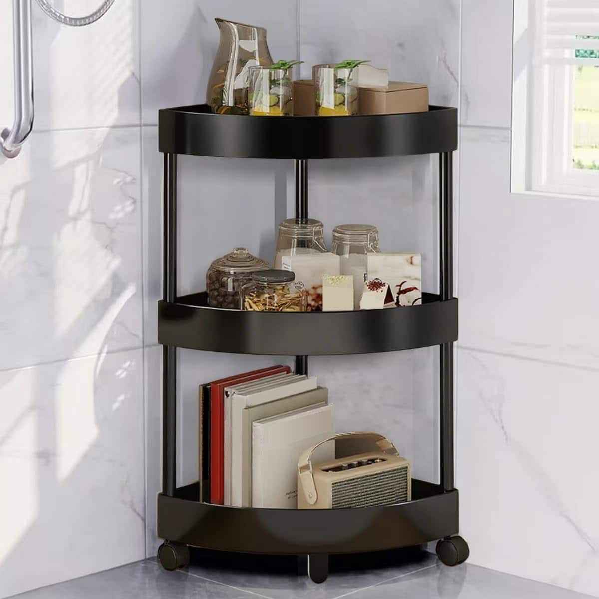 Reds Spade - Rolling Cart with Wheels 3 Tier Bathroom Organizer Mobile Shelving Unit Utility Cart Tower Rack Multifuncti - Black