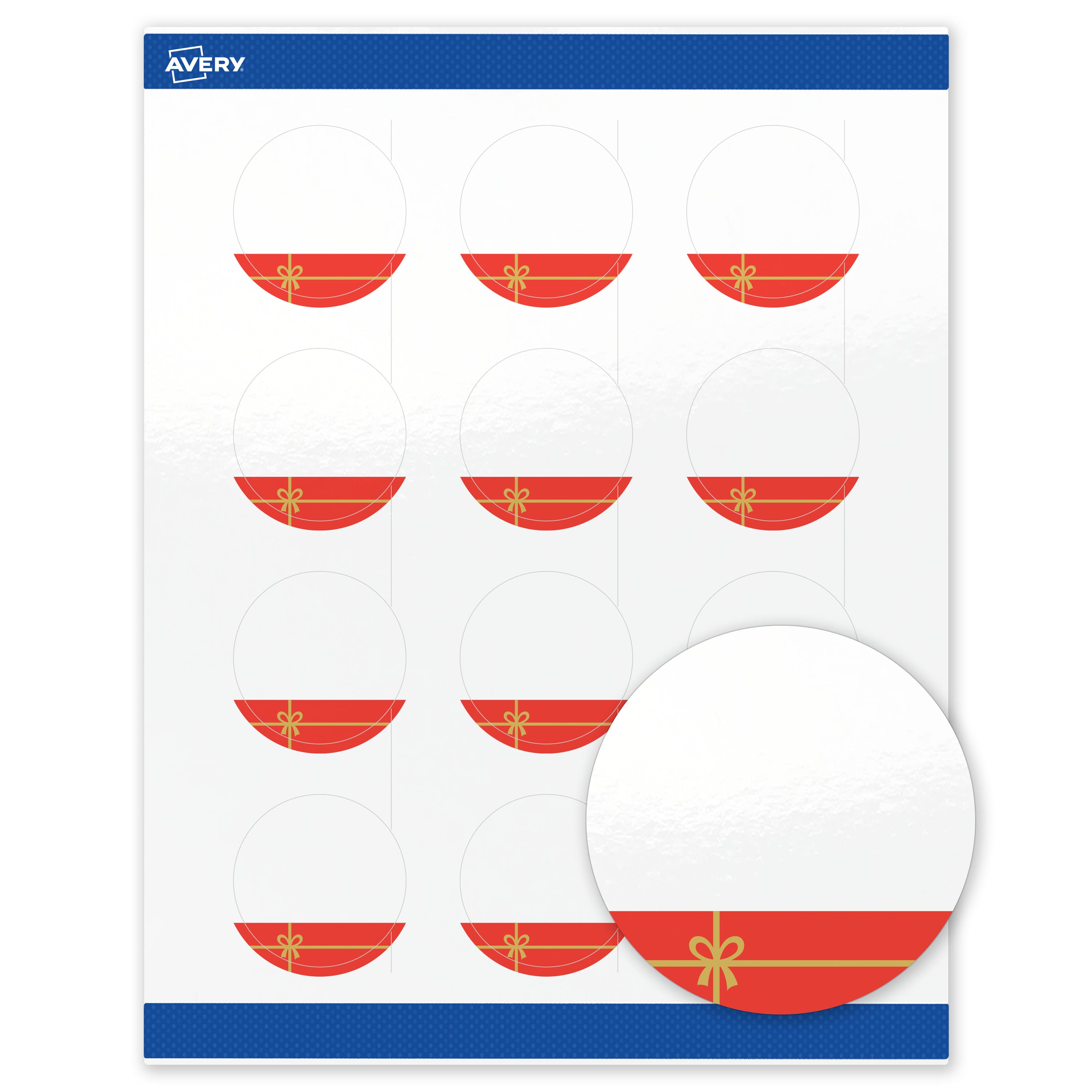 Avery - Avery® Labels, 2" Diameter, Glossy Red Gift/Gold Bow - White