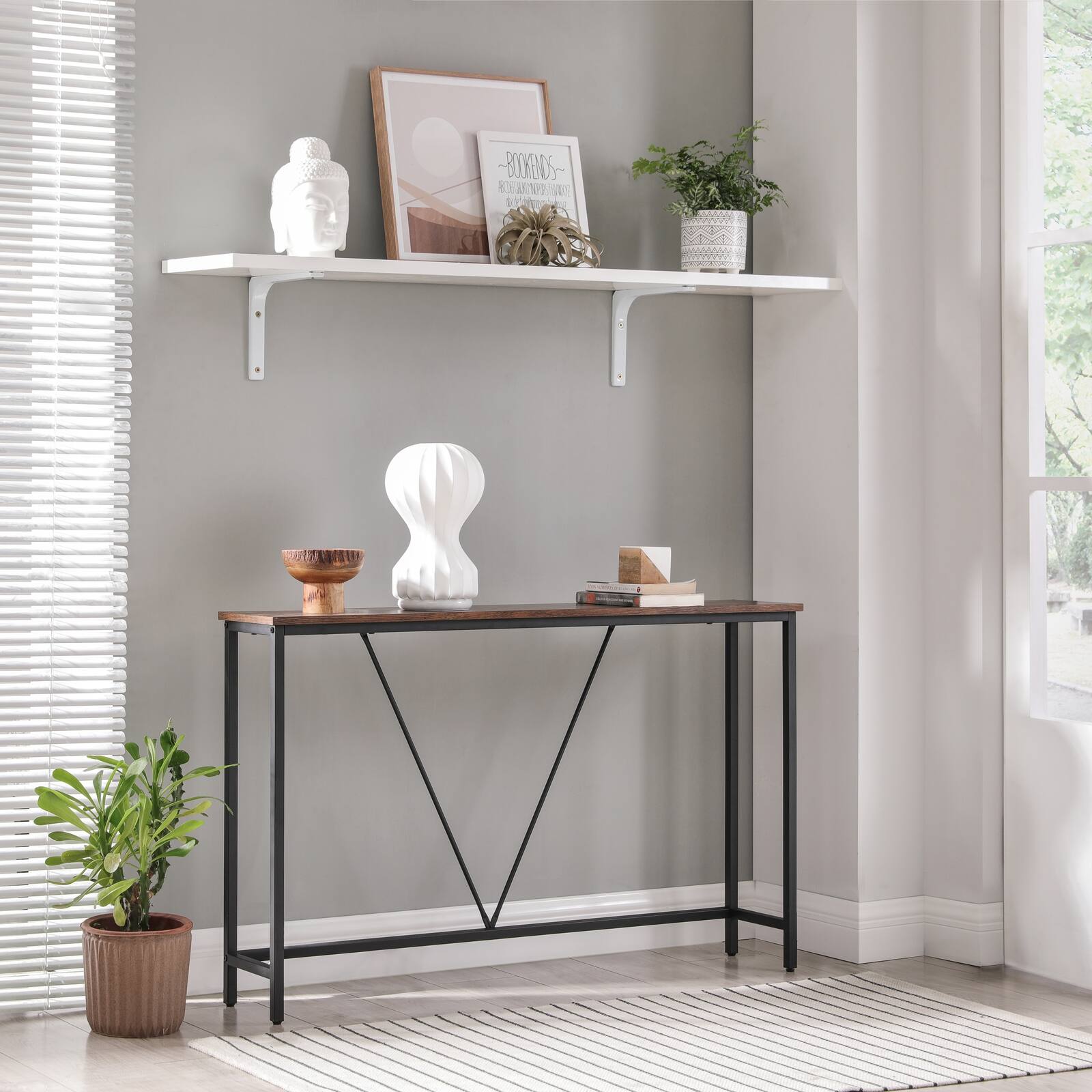 Angle. Songmics Home - Console Sofa Table, Narrow Entryway Table, for Living Room, Bedroom, Easy Assembly - Rustic Brown and Ink Black.
