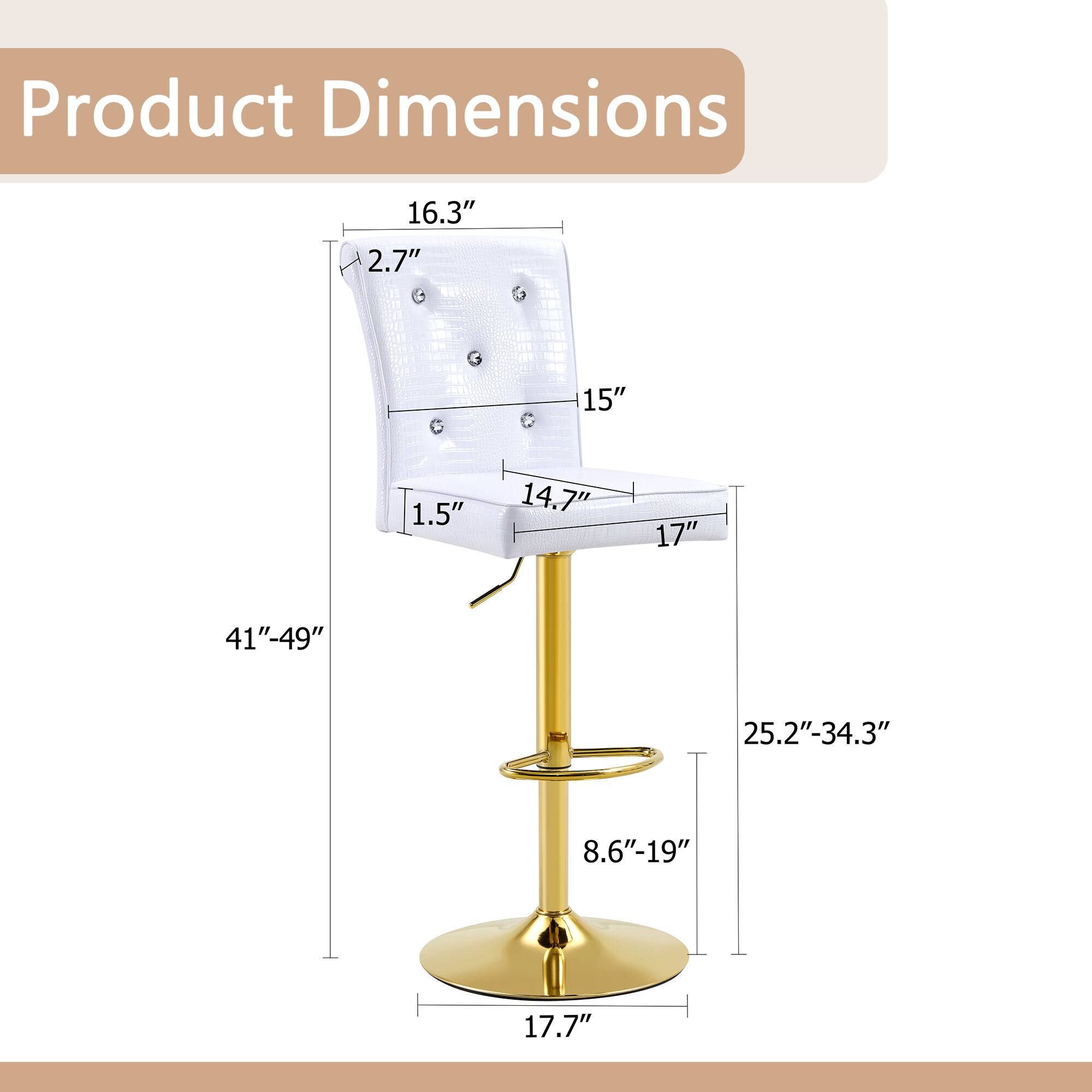 Product Dimensions

- 16.3"
- 2.7"
- 15"
- 1.5"
- 14.7"
- 17"
- 41"-49"
- 25.2"-34.3"
- 8.6"-19"
- 17.7"