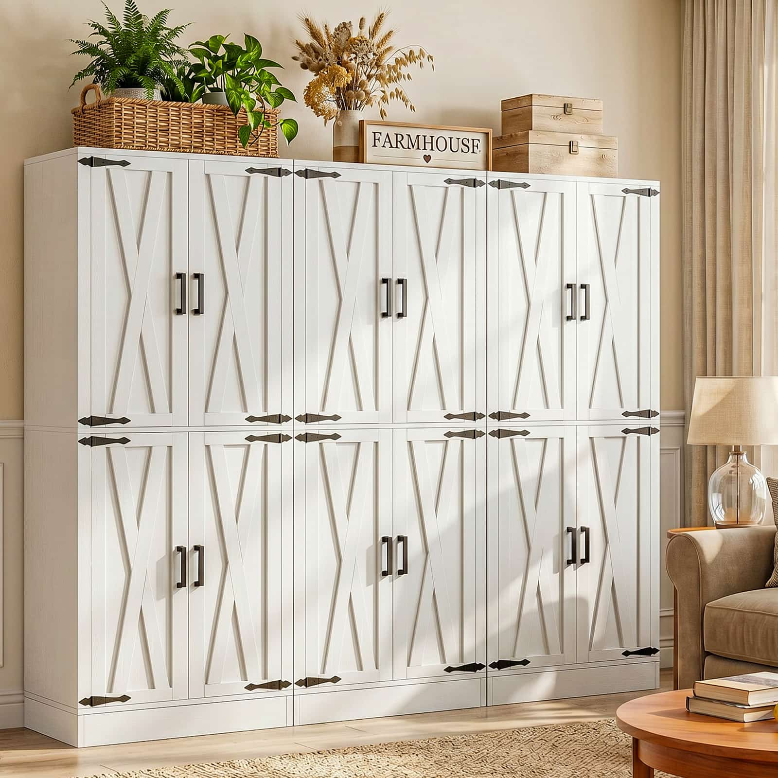 Alt View 2. Aheaplus - 71'' Tall 4 Door Farmhouse Pantry Cabinet with Drawer and Adjustable Shelves, 70.8'' Width Food Cupboard, 3 Packs - White.