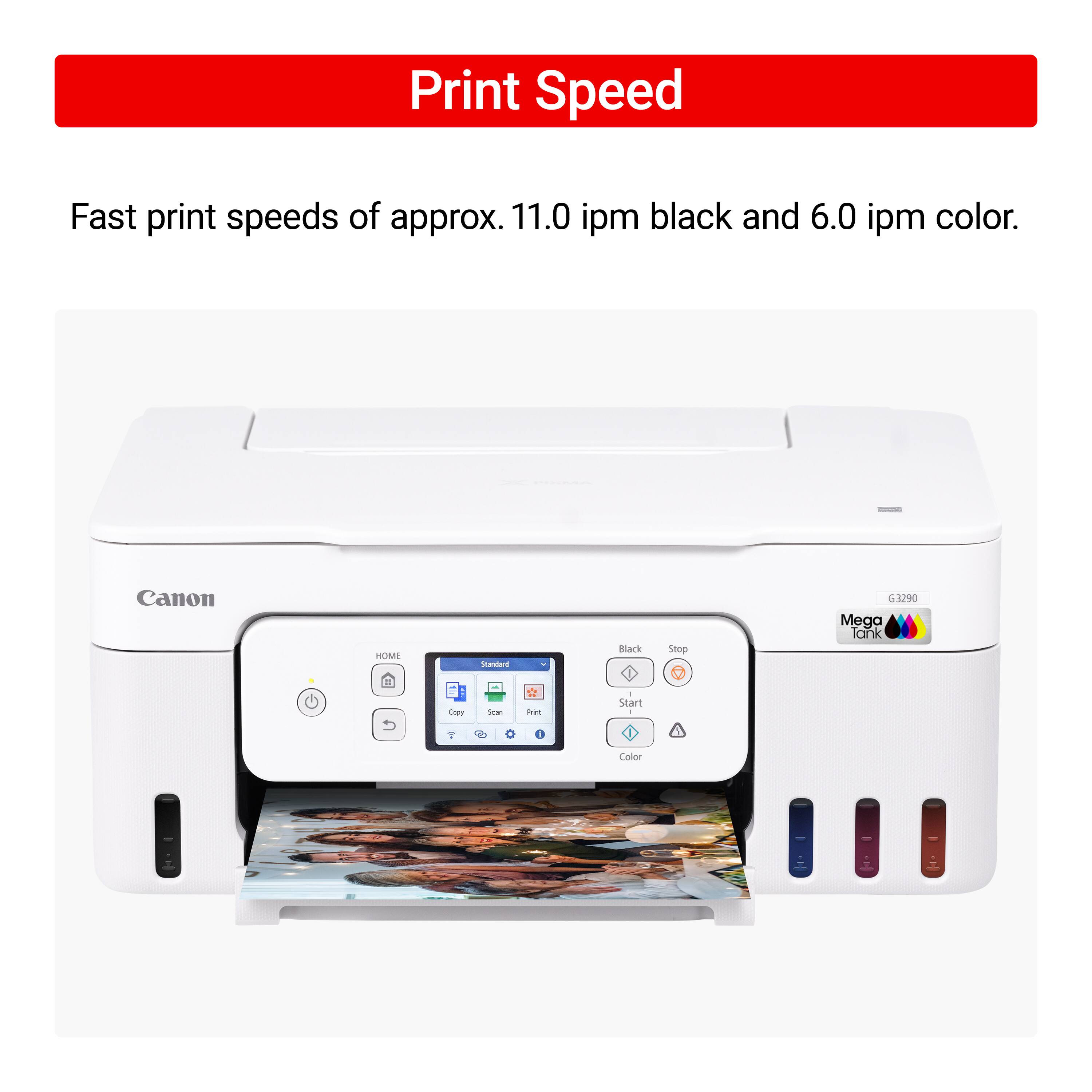 The image features a Canon printer with a fast print speed of approximately 11.0 ipm for black and 6.0 ipm for color. The printer is designed for standard home use and is equipped with a mega tank coy coy color. Additionally, the printer has a DE stop and start 2/color feature, making it a versatile and efficient choice for printing needs.