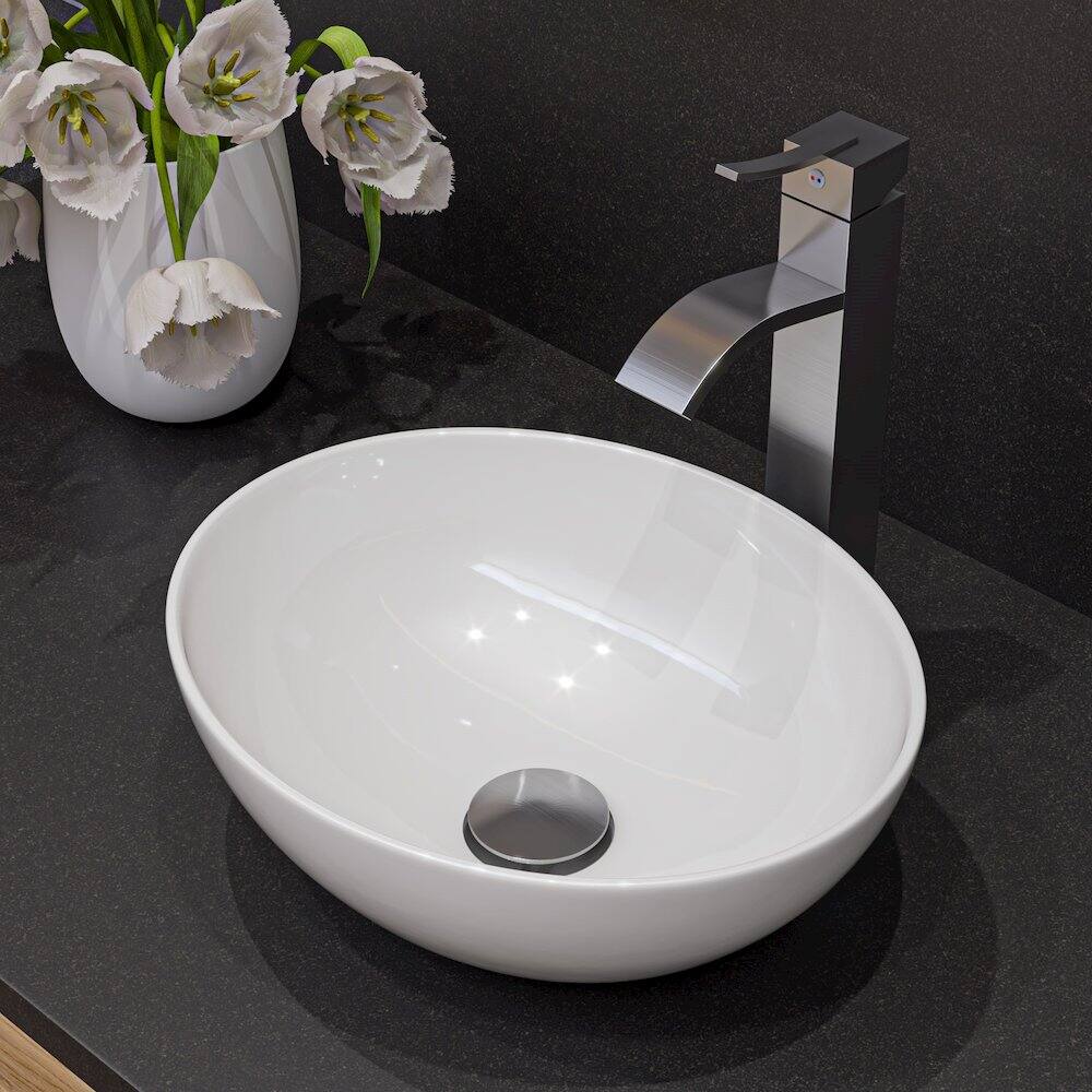 Angle. Alfi - White 16" Egg Shape Above Mount Ceramic Sink - White.