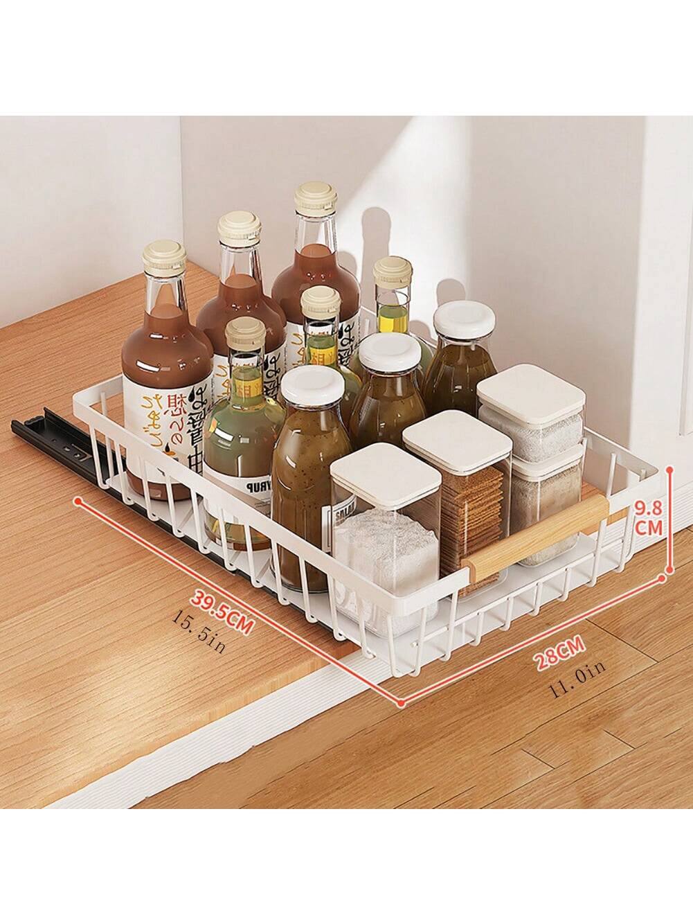 Sure, here is the corrected and grouped text from the image:

- **Dimensions:**
  - 39.5 CM (15.5 in)
  - 28 CM (11.0 in)
  - 9.8 CM

- **Other Text:**
  - (Japanese characters on the bottles)