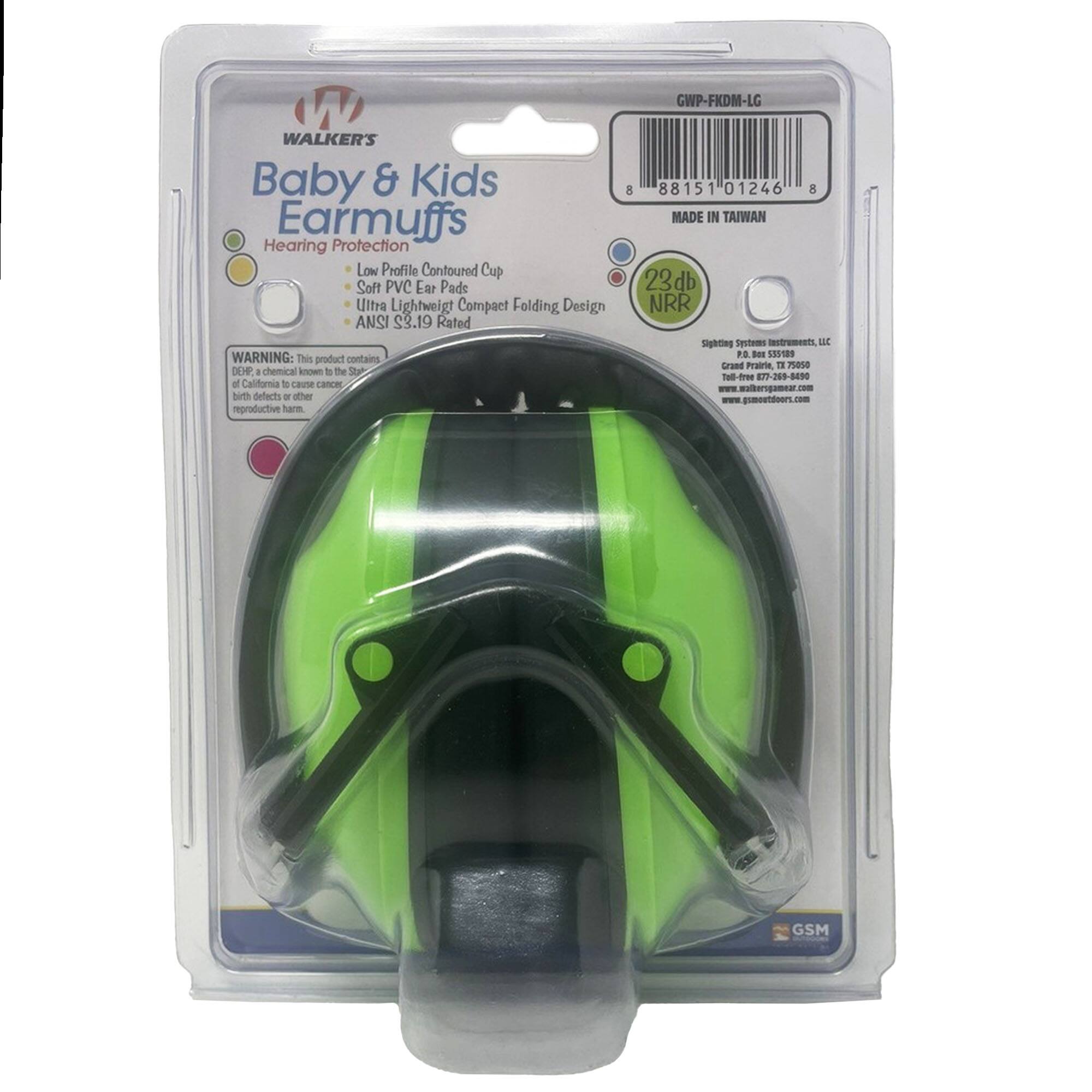 WALKER'S Baby & Kids Earmuffs Hearing Protection Low Profile Contoured Cup 1l02 PVC Ear Pads Ultra Lightweight Compact Folding Design ANSI $3.19 Rated

WARNING: This product contains DEHP, a chemical known to the State of California to cause cancer, birth defects or other reproductive harm

GWP-FXDM-LG 88151 01246 8

MADE IN TAIWAN

23 db NRR

Sighting Systems, Inc.
Grand Prairie, TX 75050
www.walkersear.com
www.gsmooroor.com

GSM