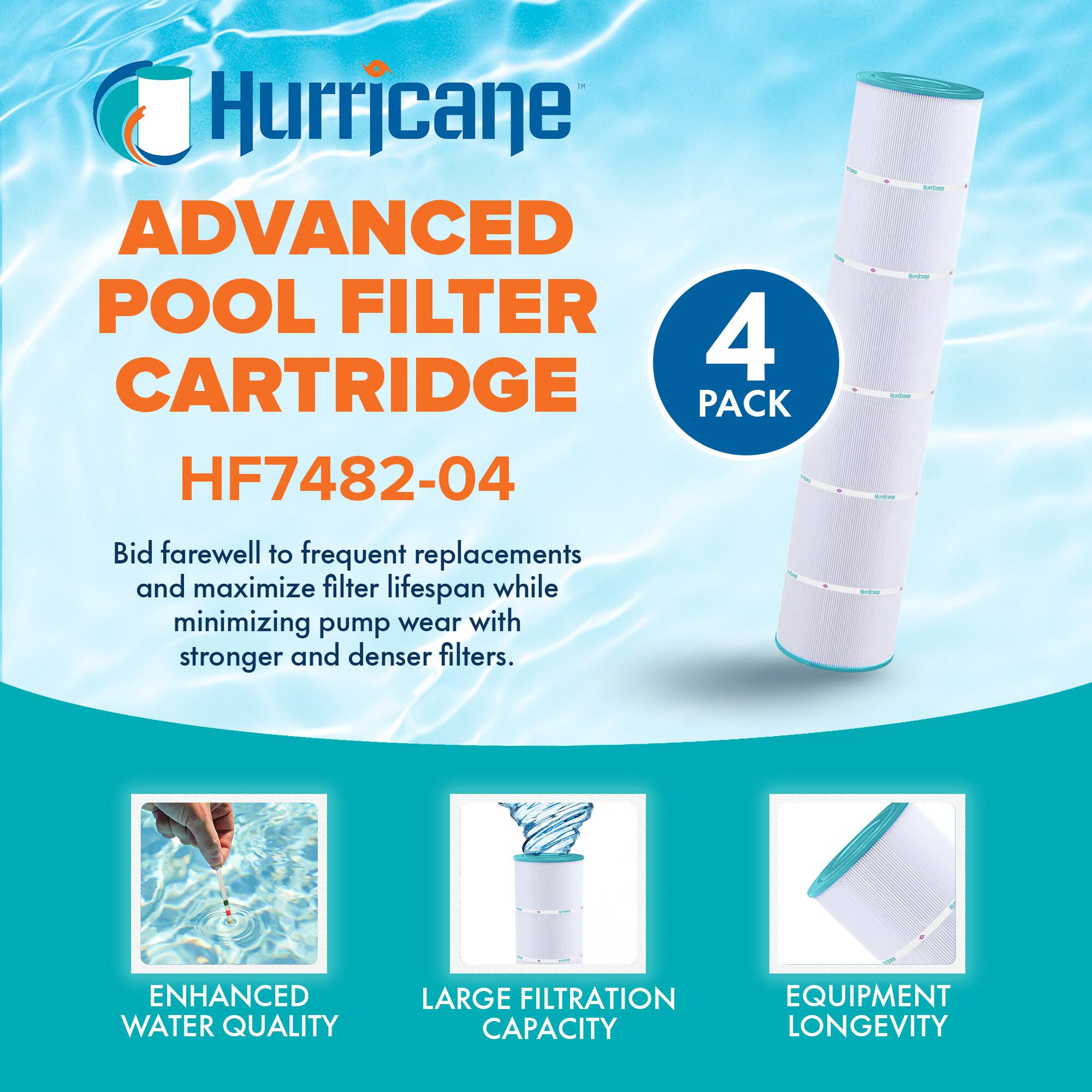 Hurricane  
ADVANCED POOL FILTER CARTRIDGE  
HF7482-04  

4 PACK  

Bid farewell to frequent replacements and maximize filter lifespan while minimizing pump wear with stronger and denser filters.  

ENHANCED WATER QUALITY  
LARGE FILTRATION CAPACITY  
EQUIPMENT LONGEVITY