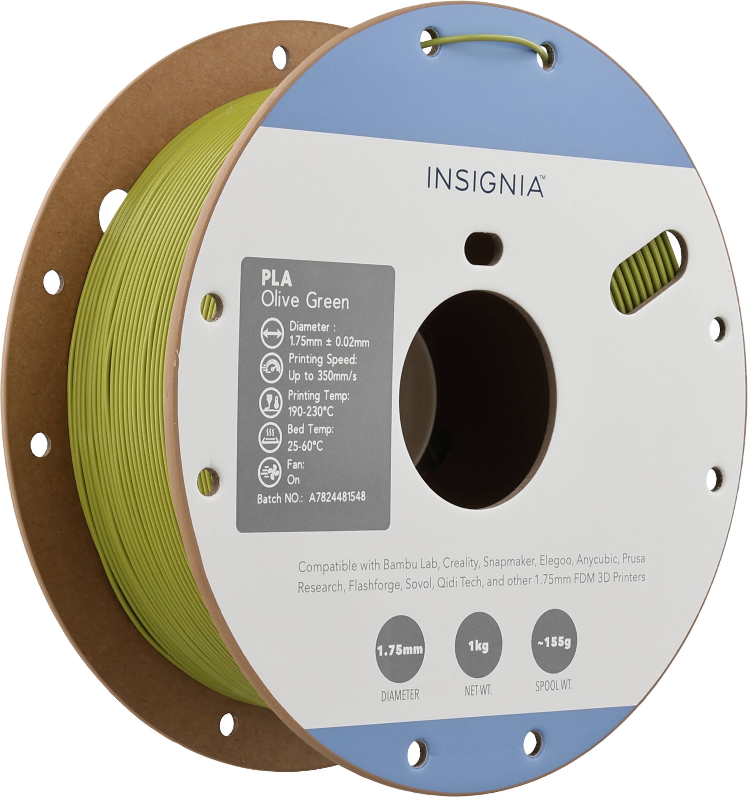 INSIGNIA  
PLA Olive Green  
Diameter: 1.75mm ± 0.02mm  
Printing Speed: Up to 350mm/s  
Printing Temp: 190-230°C  
Bed Temp: 25-60°C  
Fan: On  
Batch NO.: A7824481548  

Compatible with Bambu Lab, Creality, Snapmaker, Elegoo, Anycubic, Prusa, Research, Flashforge, Sovol, Qidi Tech, and other 1.75mm FDM 3D Printers  

1.75mm  
1kg  
~155g  

DIAMETER  
NET WT.  
SPOOL WT.