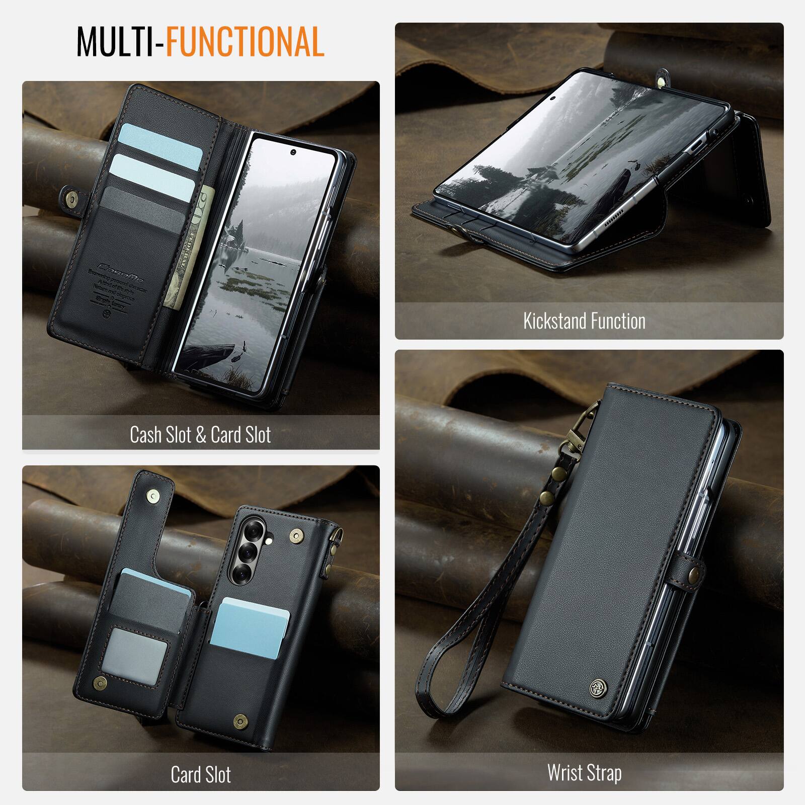 MULTI-FUNCTIONAL

- Kickstand Function
- Cash Slot & Card Slot
- Card Slot
- Wrist Strap