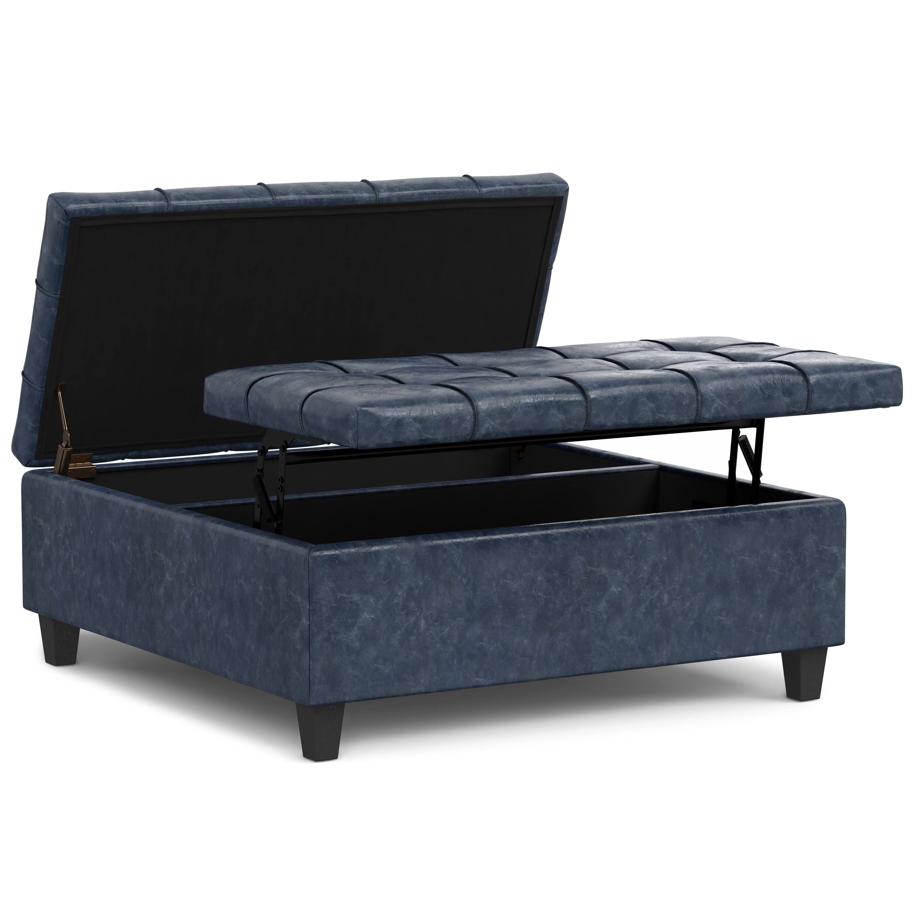 Back. Simpli Home - Harrison 40 inch Wide Large Square Coffee Table Storage Ottoman in Denim Blue Vegan Leather - Denim Blue.