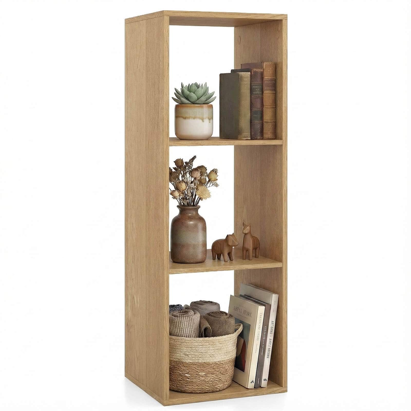 Costway - 3-Cube Bookshelf, Modern Vertical Bookcase with Back Guardrail & Anti-tipping Kits - Natural