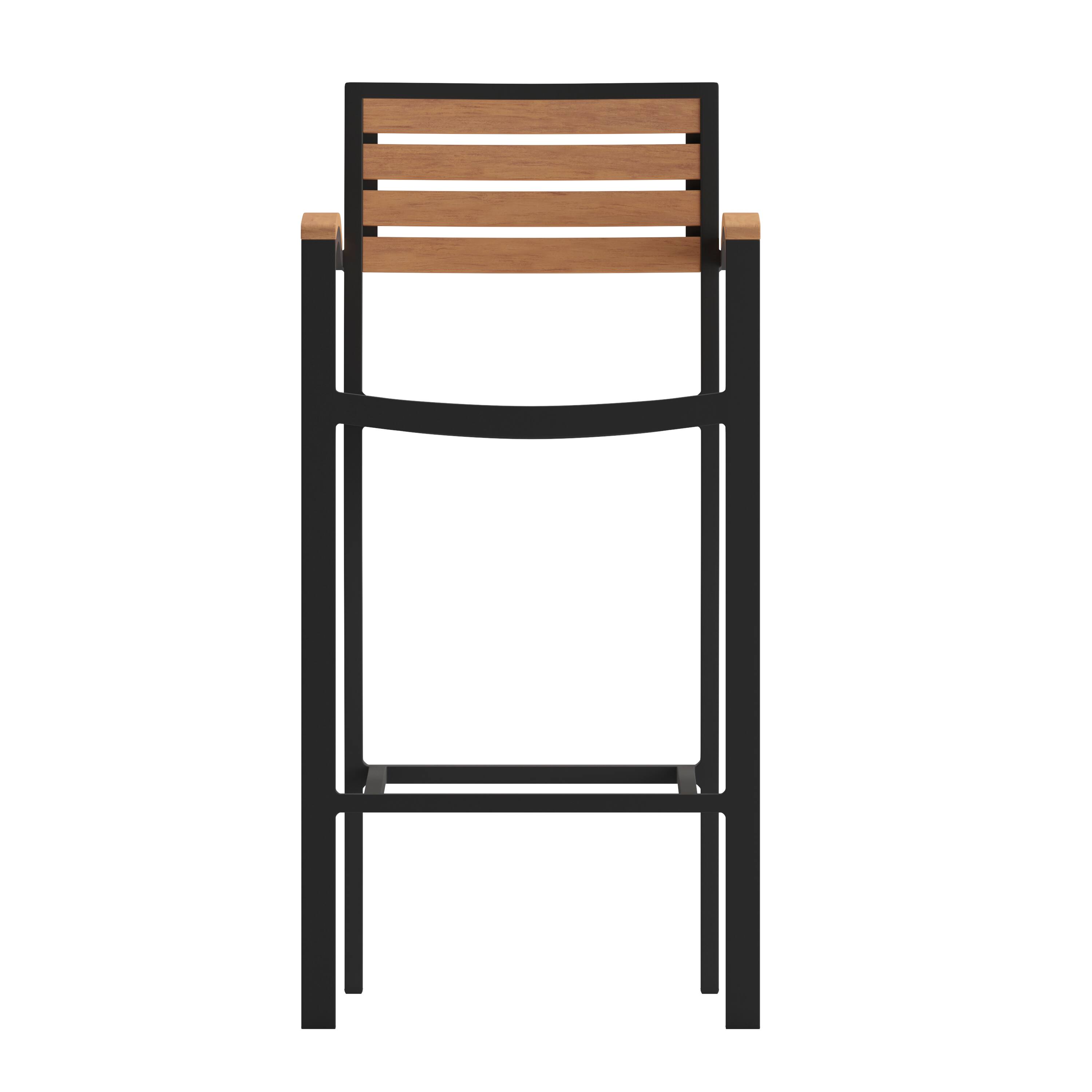 Alt View 9. Emma + Oliver - Livia All-Weather Bar Height Dining Stool with Armrests, Polyresin Slats and Aluminum Frame - Teak.