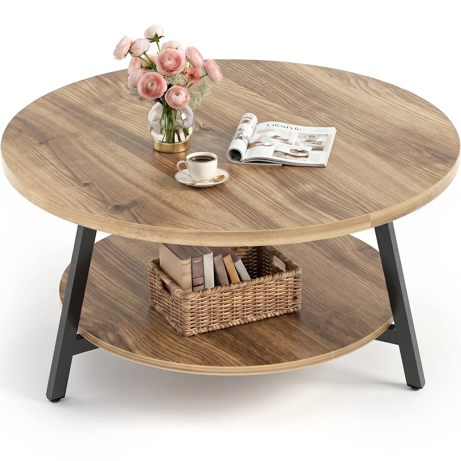 Angle. Aheaplus - 35.4'' Round Coffee Table with Storage, 2-Tier Small Modern Coffee Table for Living Room - Nature Oak.
