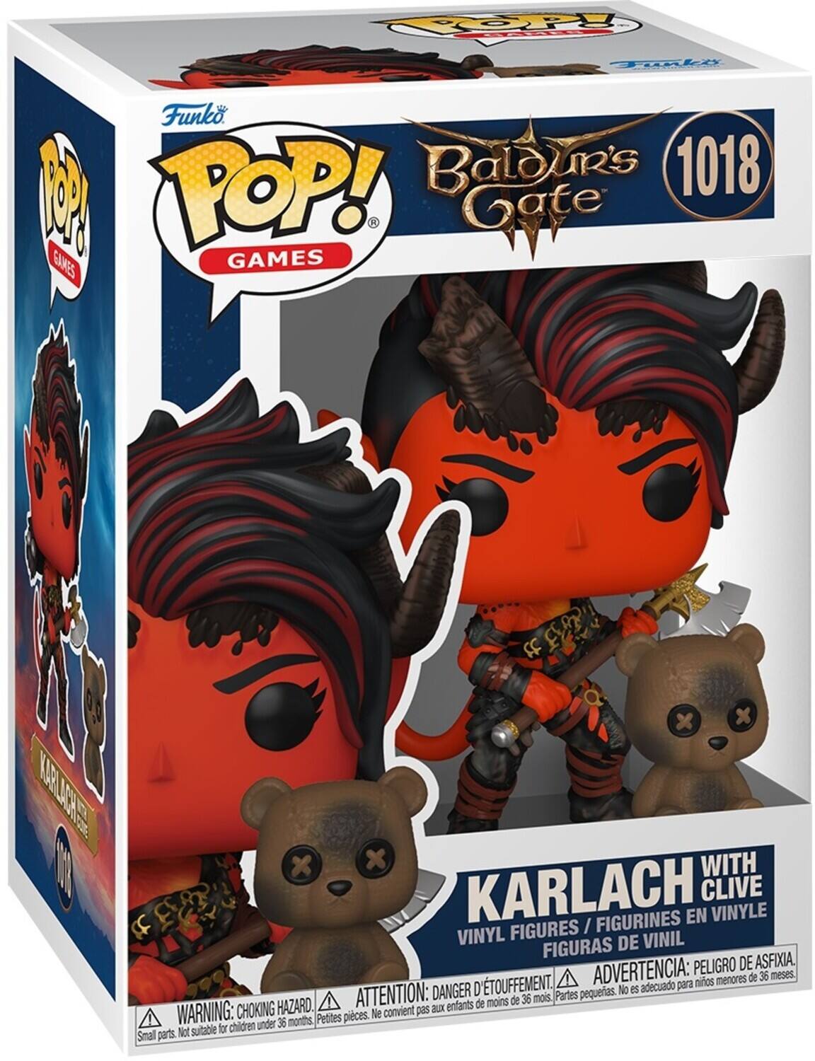 Sure, here is the corrected and grouped text from the image:

---

**Funko POP! GAMES**

**Baldur's Gate**

**1018**

**KARLACH WITH CLIVE**

**VINYL FIGURES / FIGURINES EN VINYLE / FIGURAS DE VINIL**

**WARNING: CHOKING HAZARD - Small parts. Not suitable for children under 36 months.**

**ATTENTION: DANGER D'ÉTOUFFEMENT - Petites pièces. Ne convient pas aux enfants de moins de 36 mois.**

**ADVERTENCIA: PELIGRO DE ASFIXIA - Partes pequeñas. No es adecuado para niños menores de 36 meses.**

---

This text is organized to reflect the information on the packaging accurately.