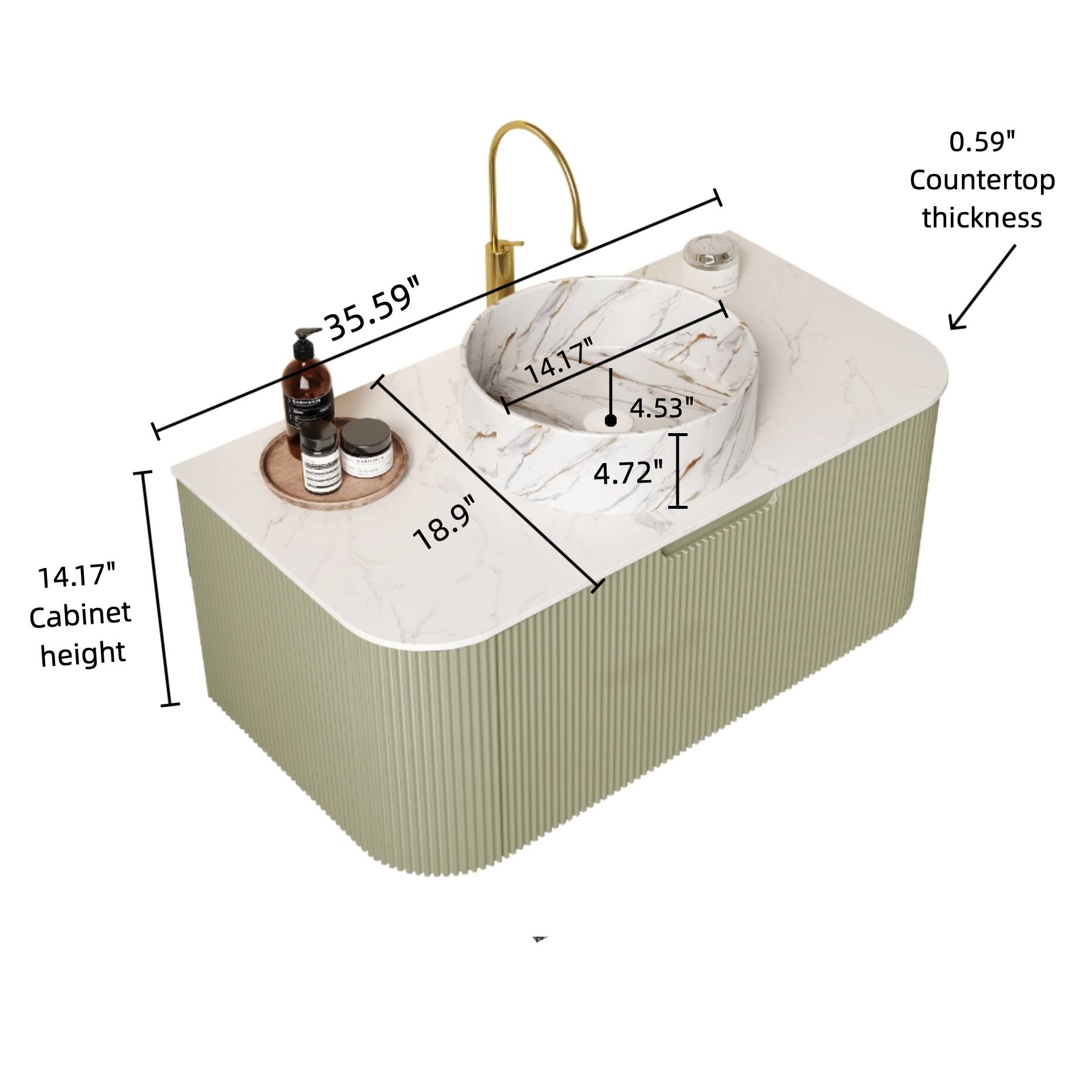 - Cabinet height: 14.17"
- Countertop thickness: 0.59"
- Sink dimensions: 14.17" x 35.59"
- Sink depth: 4.53" x 4.72"
- Faucet base width: 18.9"