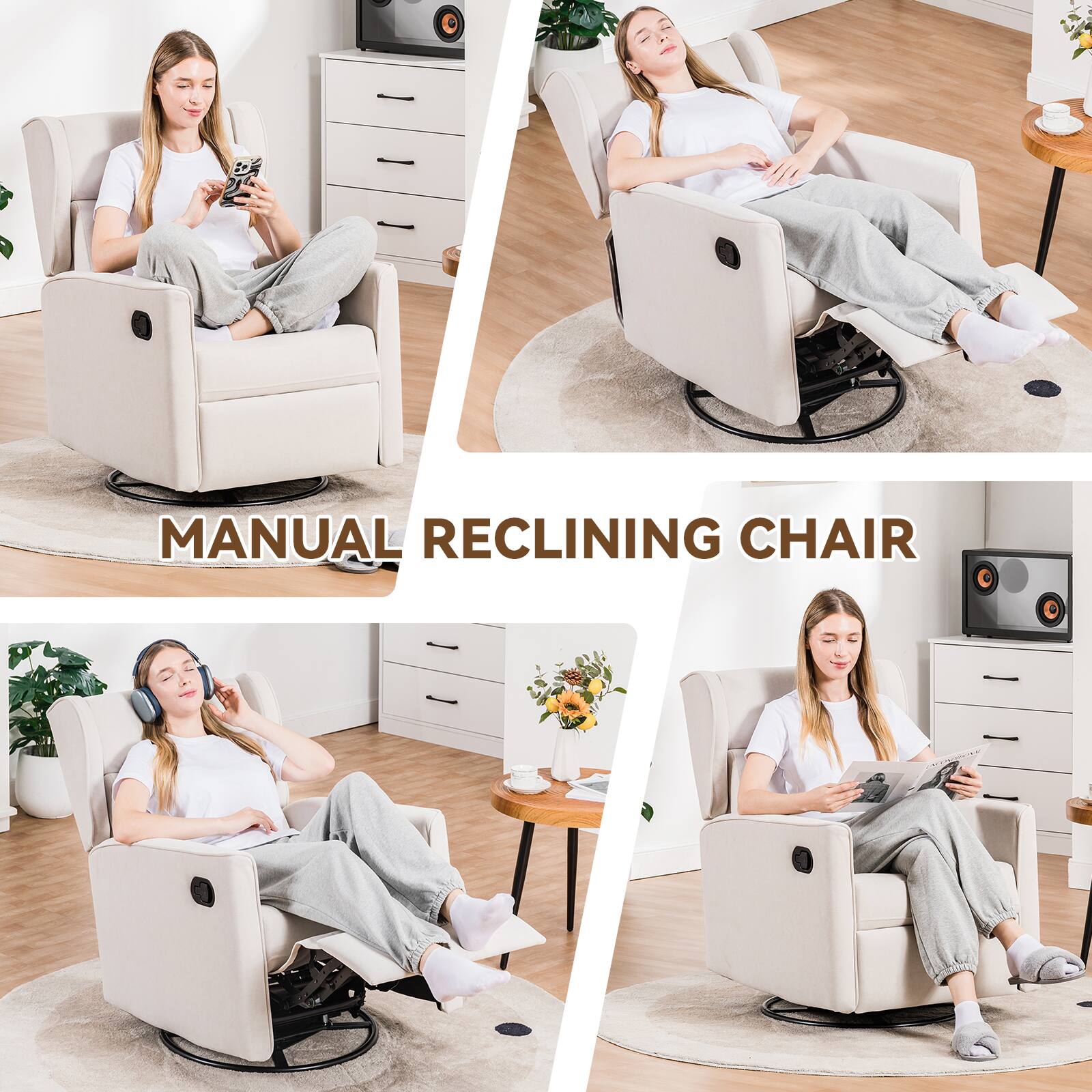The text on the image is "MANUAL RECLINING CHAIR".