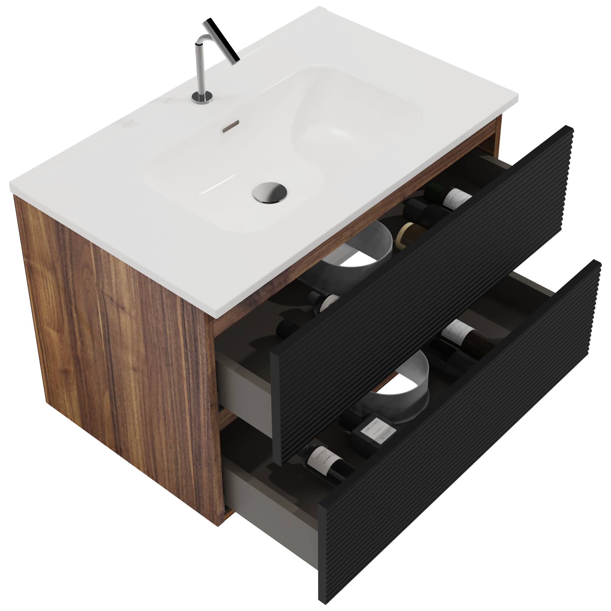 Alt View 2. Boyel Living - 30 Inch Wall Mounted Soft Black & Walnut Bathroom Vanity with Integrated Ceramic Sink / Large Storage, Pre-Assembled - Black+Brown.