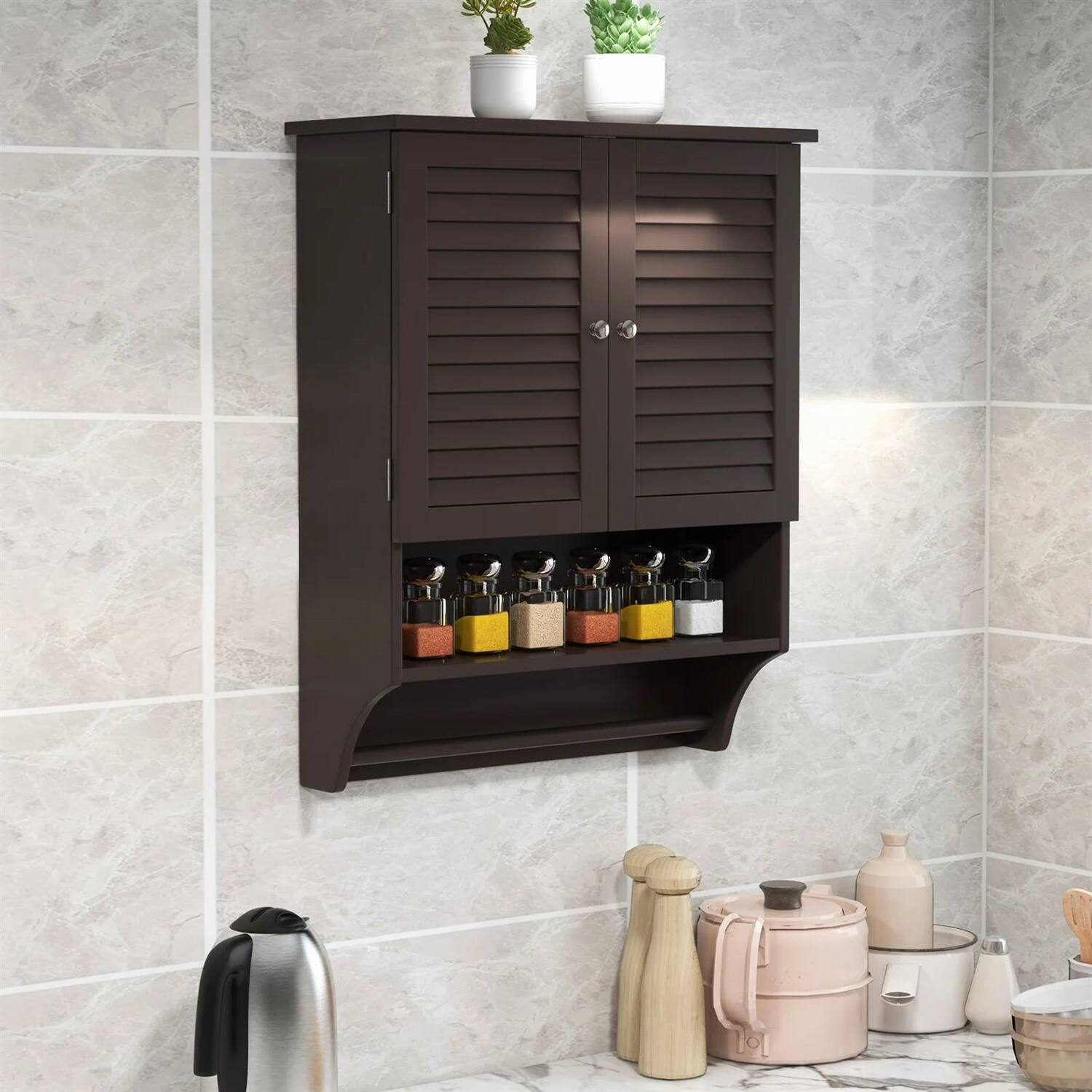 Left. Hivvago - Brown Wall-Mounted Bathroom Medicine Cabinet with Louver Doors and Towel Bar - Brown.