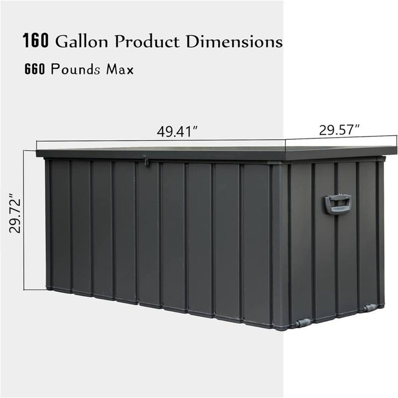 160 Gallon Product Dimensions  
660 Pounds Max  
49.41" x 29.57" x 29.72"