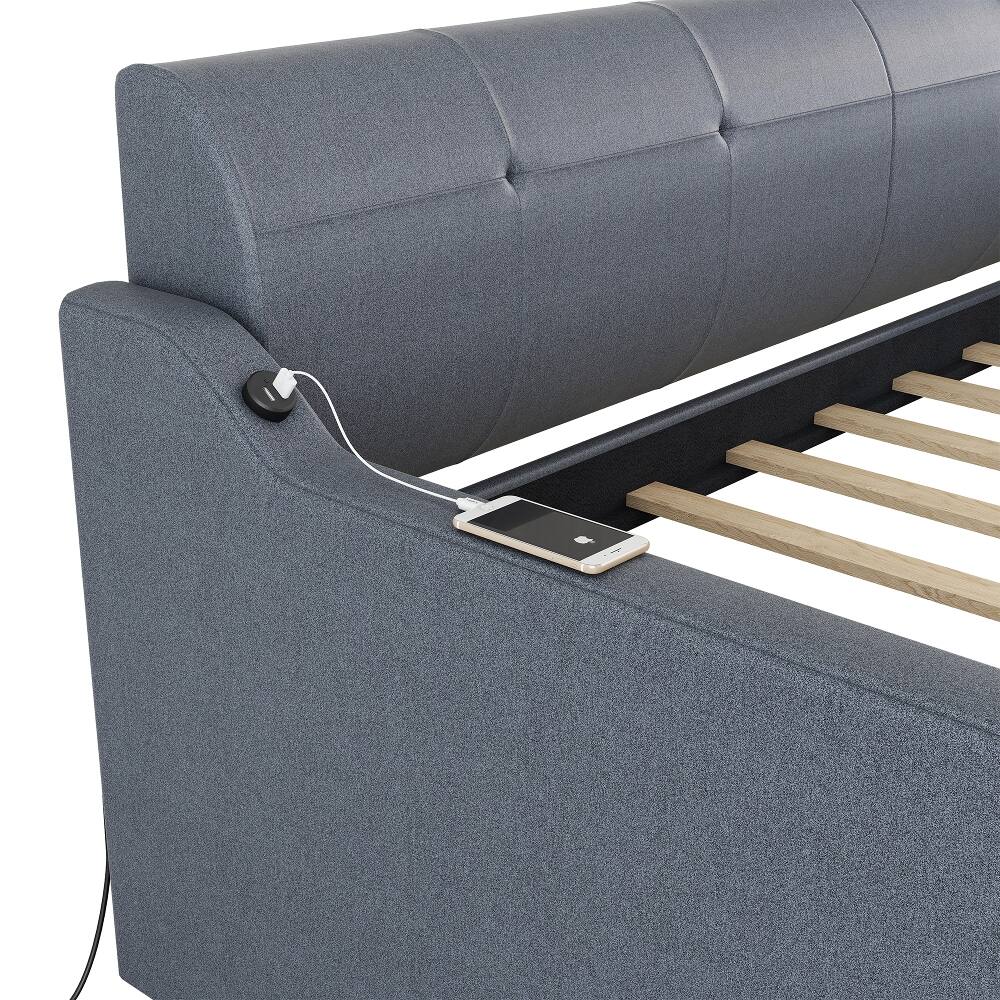Alt View 3. Loheer - Loheer Twin Daybed with Pop-Up Trundle, Gray Upholstered Guest Bed with USB Port, Space-Saving Frame - Gray.