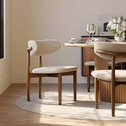 Front. POVISON - Mid-Century Modern Wood Dining Chairs Set of 2(Cotton Linen,Beige & Walnut) - Beige & Walnut.