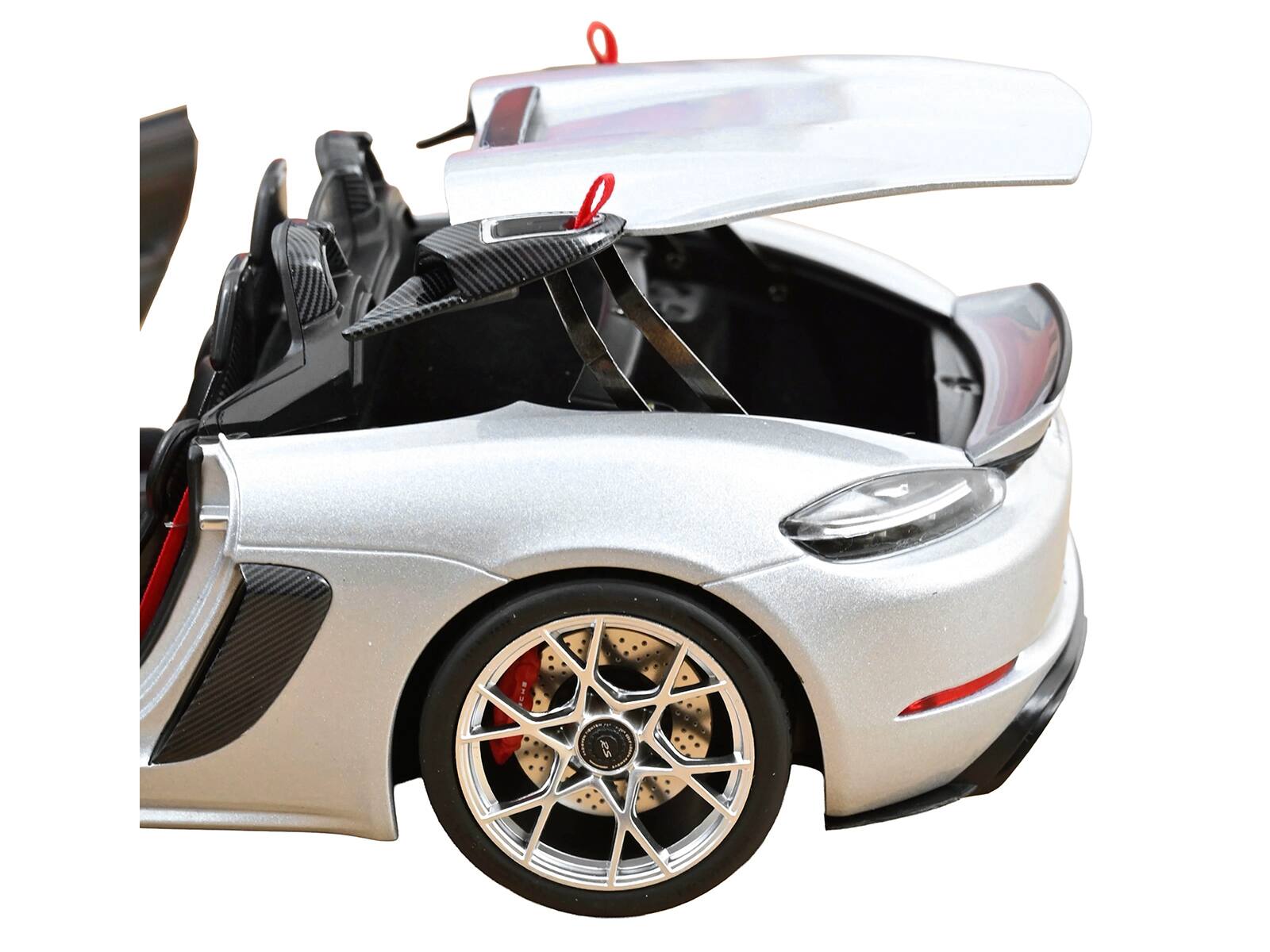 Alt View 1. Norev - 2023 Porsche 718 Spyder RS Weissach Pack GT Silver Metallic with Carbon Hood 1/18 Diecast Model Car by Norev - Silver Metallic.