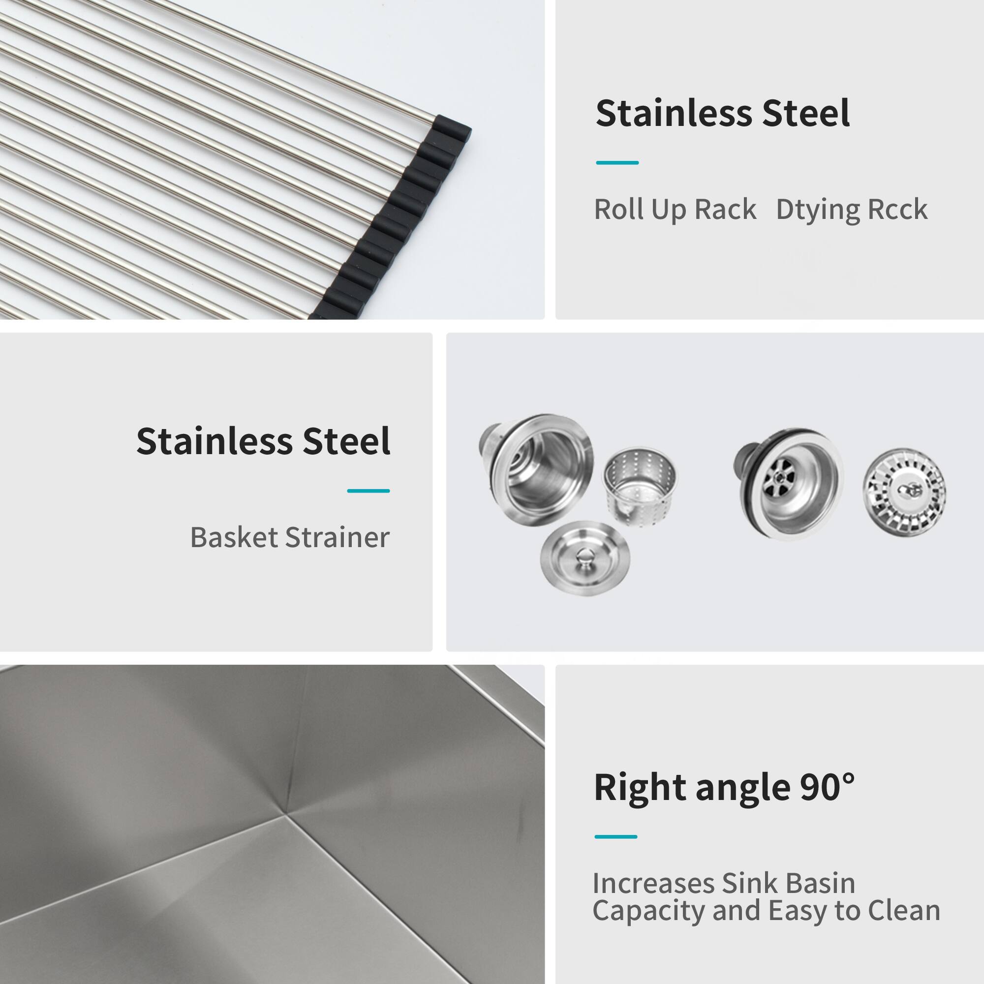 Stainless Steel Roll Up Rack Drying Rack Stainless Steel - Basket Strainer Right angle 90° Increases Sink Basin Capacity and Easy to Clean