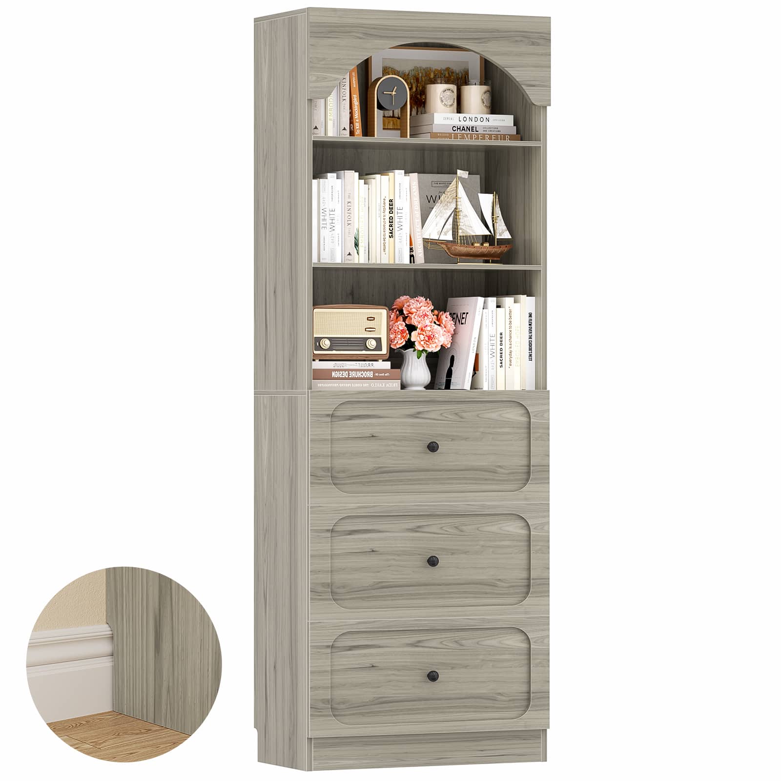 Aheaplus - 80"Tall Arched Bookcase with 3 Drawers & 3-Tier Open Shelves – Wooden Storage Cabinet for Living Room, Kitchen - Beige