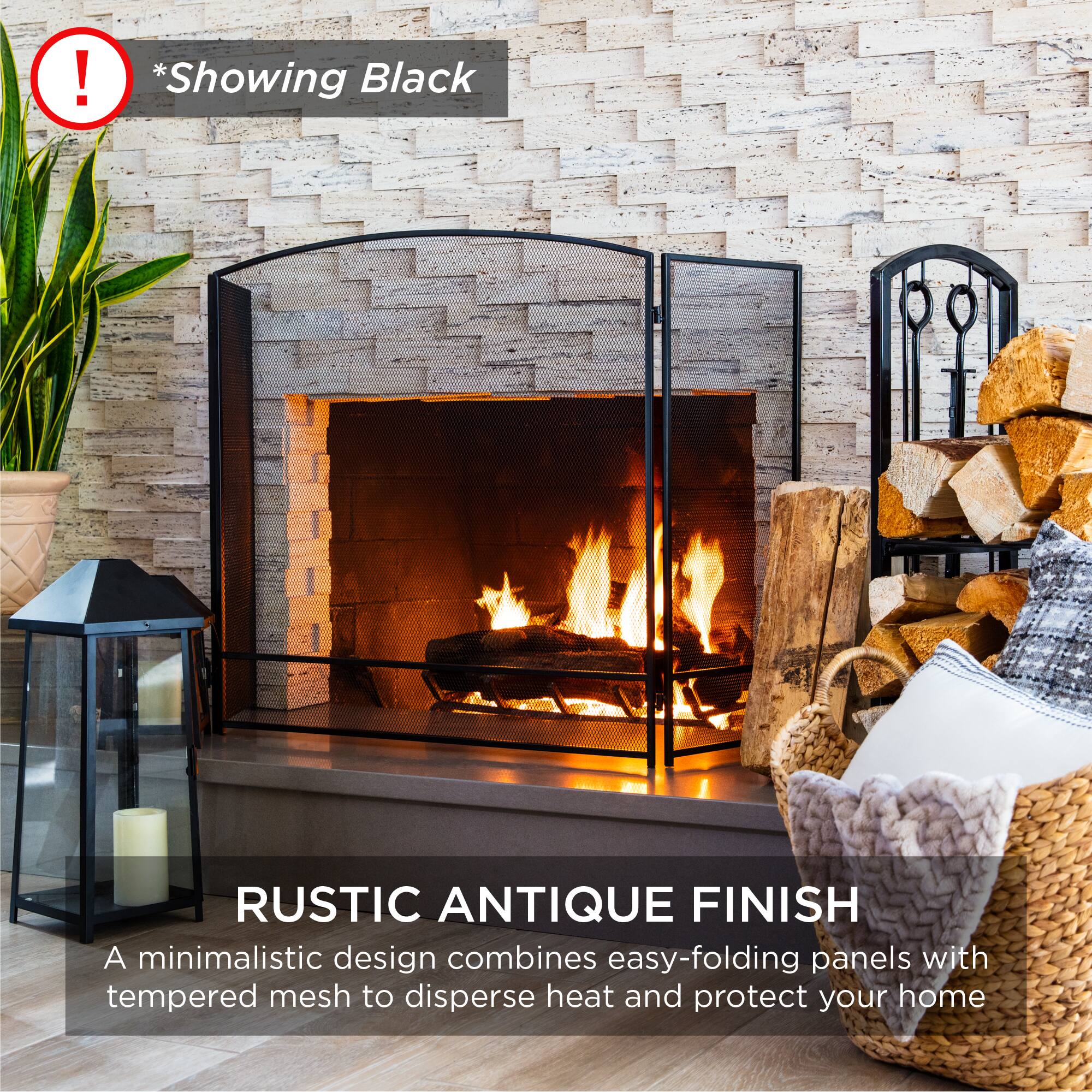 Showing Black RUSTIC ANTIQUE FINISH. A minimalistic design combines easy-folding panels with tempered mesh to disperse heat and protect your home.