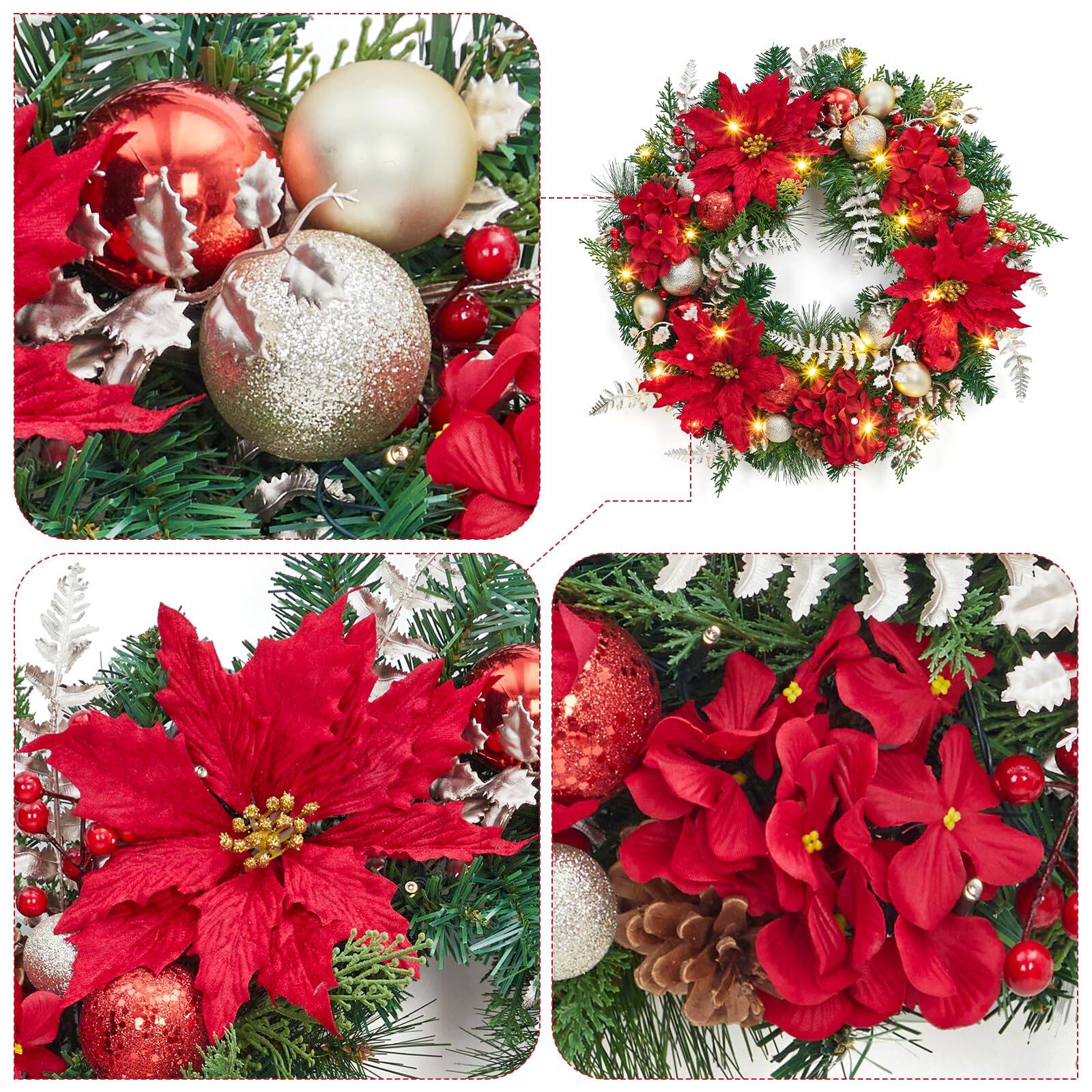 Alt View 1. Acekool - 24 Inch Christmas Wreath with Lights Pre-Lit Xmas Wreath for Front Door Windows Wall Mantel Decoration Red and Gold - Red.