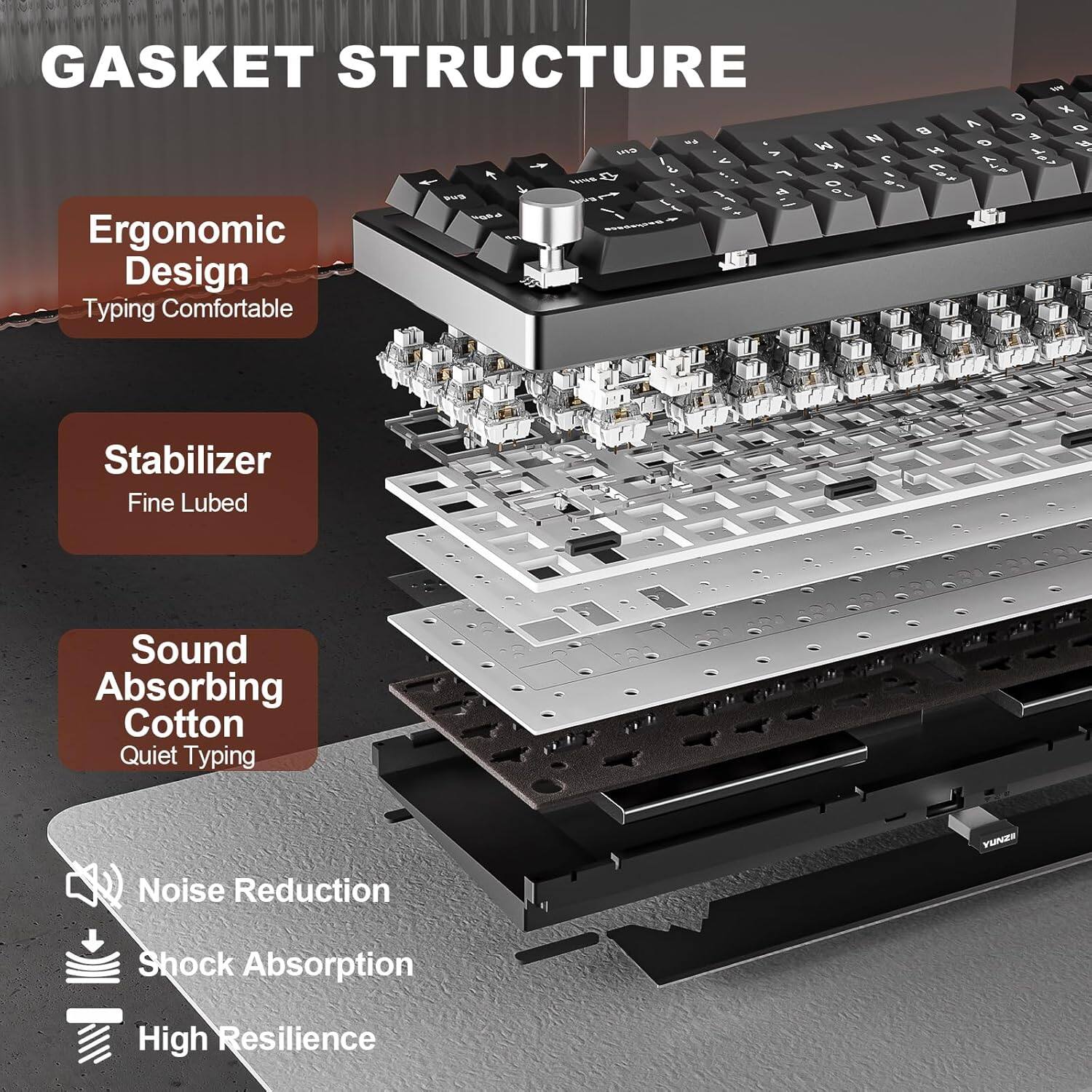 Gasket Structure

- Ergonomic Design
- Typing Comfortable
- Stabilizer
- Fine Lubed
- Sound Absorbing Cotton
- Quiet Typing
- Noise Reduction
- Shock Absorption
- High Resilience