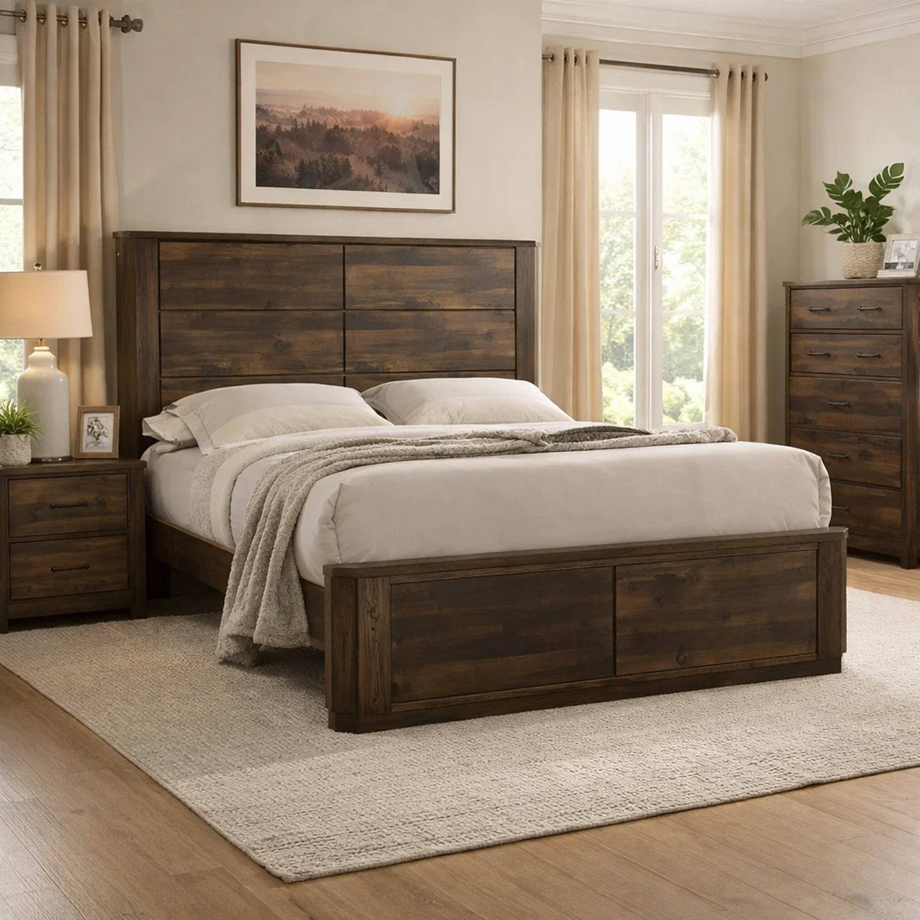 Alt View 7. Manhattan Lane - Transitional Style Queen Size Bed with Panel Design Headboard, Rustic Brown - Brown.