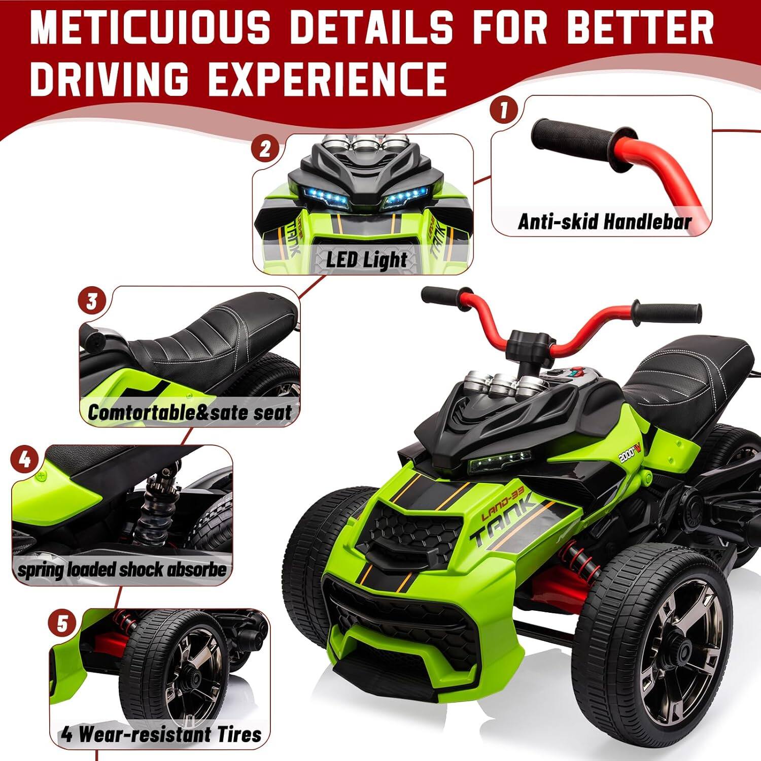 1. Anti-skid Handlebar  
2. LED Light  
3. Comfortable & Safe Seat  
4. Spring Loaded Shock Absorber  
5. Wear-resistant Tires