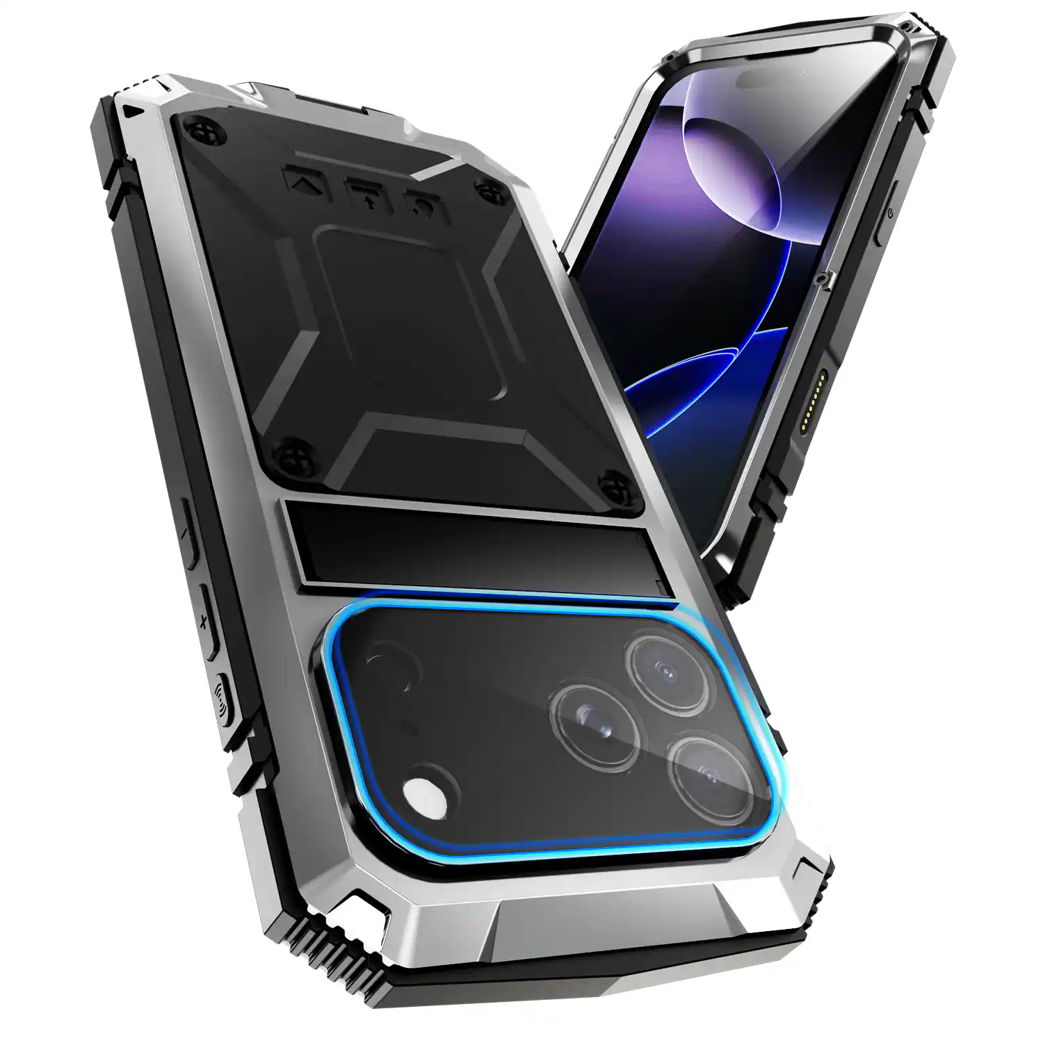 Angle. Dteck - For Apple iPhone 17 Pro Case Outdoor Sports Kickstand Rugged Heavy Duty Full Body Cover with Built in Screen Protector - Silver.
