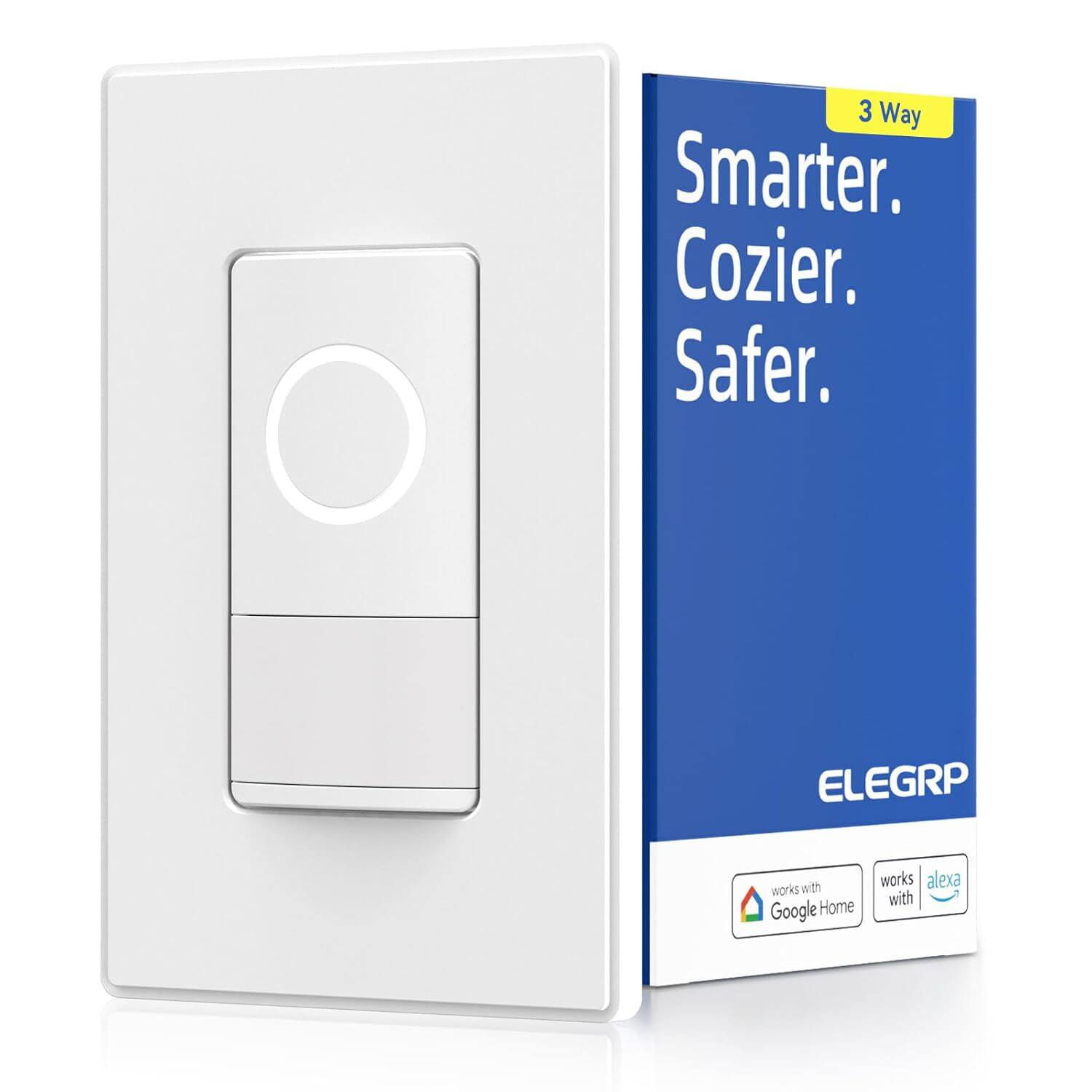 ELEGRP - Smart Sensor Light Switch, Single Pole/3 Way, Compatible with Alexa & Google Assistant,UL Listed, 1PC - White