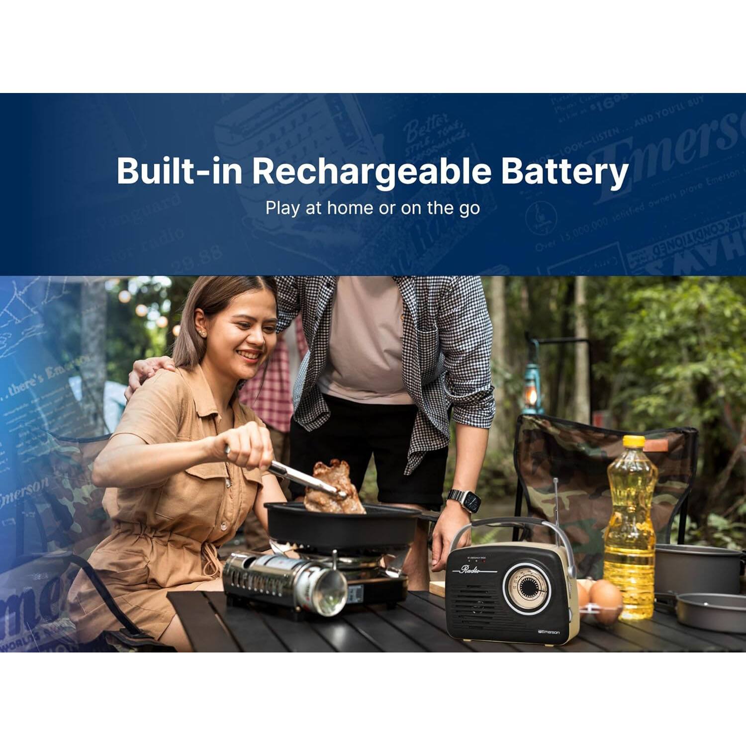 Built-in Rechargeable Battery  
Play at home or on the go  

Better Style, Better Sound  
Built-in Rechargeable Battery  
Over 15,000,000 Emersons Worldwide  
...there's an Emerson in every home