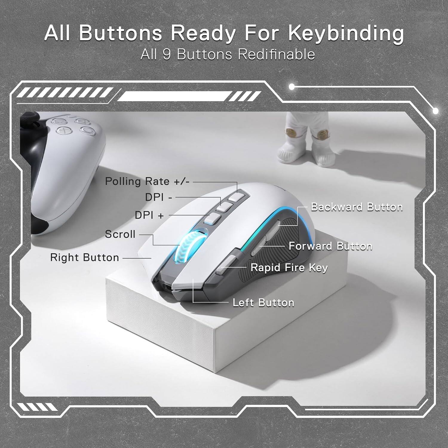 All Buttons Ready For Keybinding  
All 9 Buttons Redefinable  

Polling Rate +/-  
DPI -  
DPI +  
Scroll  
Right Button  
Backward Button  
Forward Button  
Rapid Fire Key  
Left Button