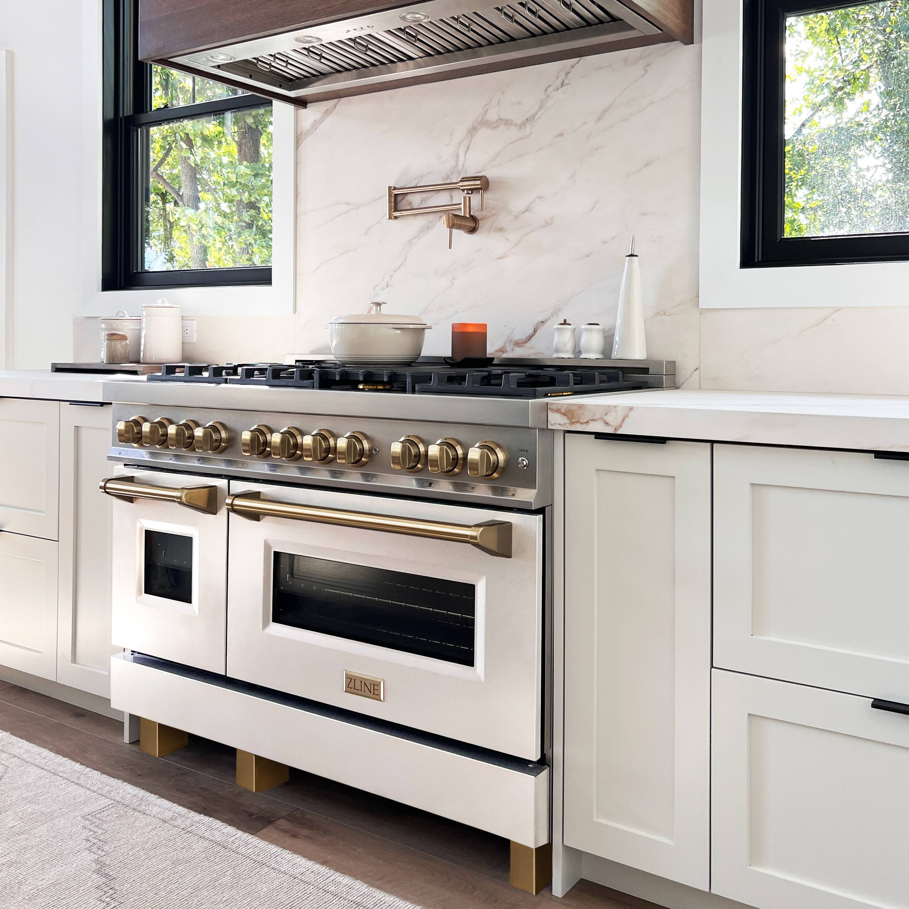 Alt View 3. ZLINE - Autograph 48" Legacy Dual Fuel Range w/ 7 Burners & White & Bronze Accents (RAZ-WM-48-CB) - Multicolor.